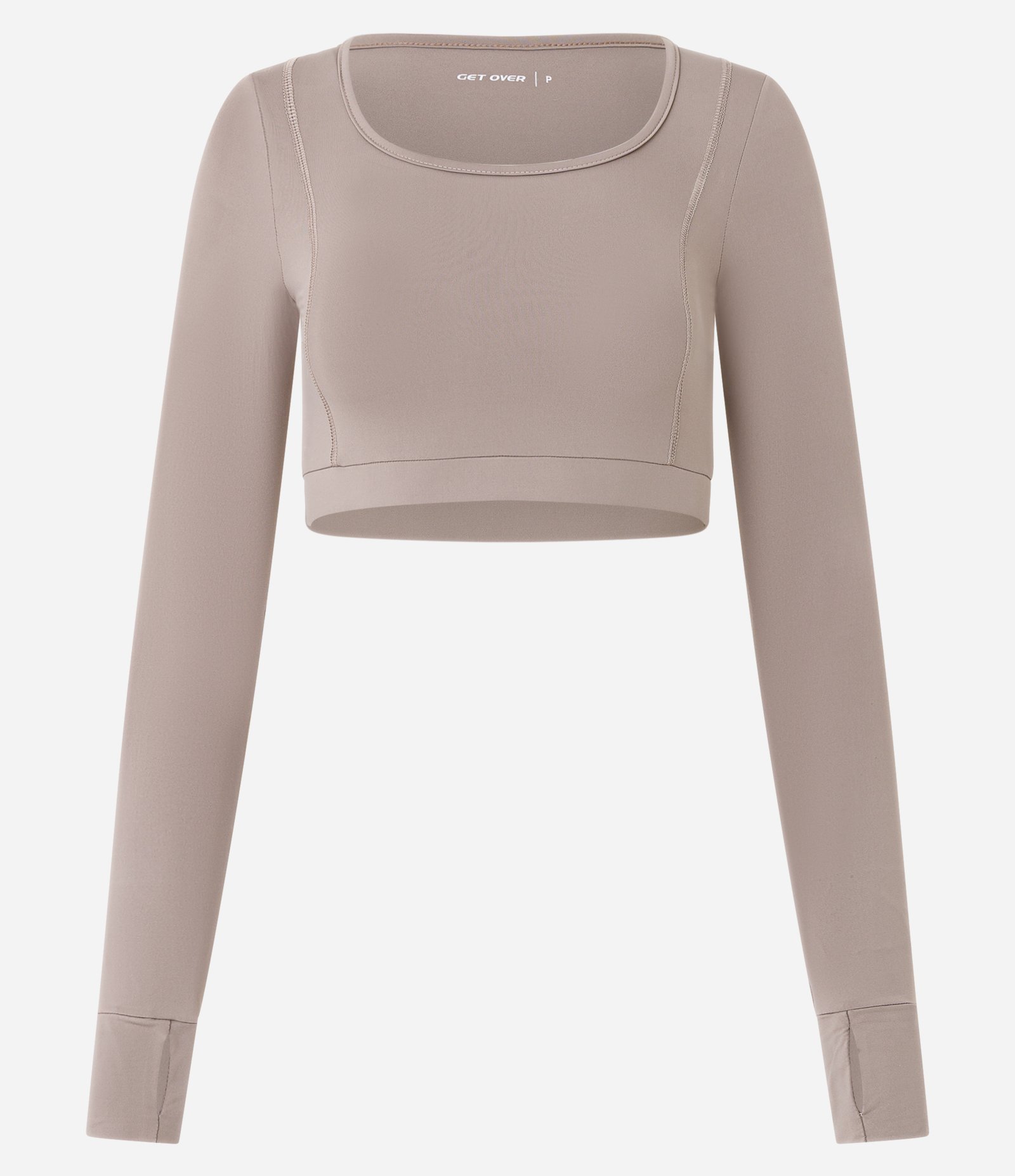 Blusa Cropped Esportiva com Manga Longa e Abertura para Dedo Bege 4