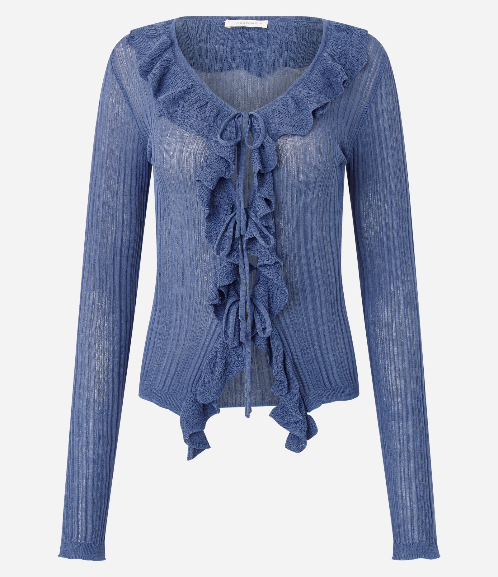 Cardigan em Tricô com Babados e Amarração Frontal Azul 5