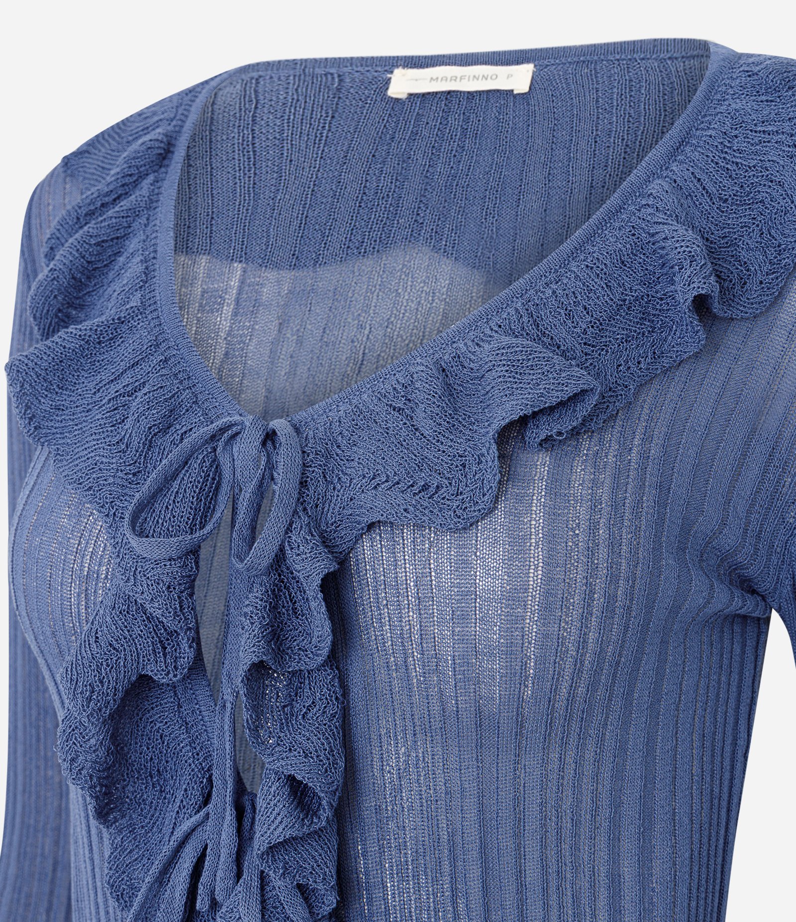 Cardigan em Tricô com Babados e Amarração Frontal Azul 6