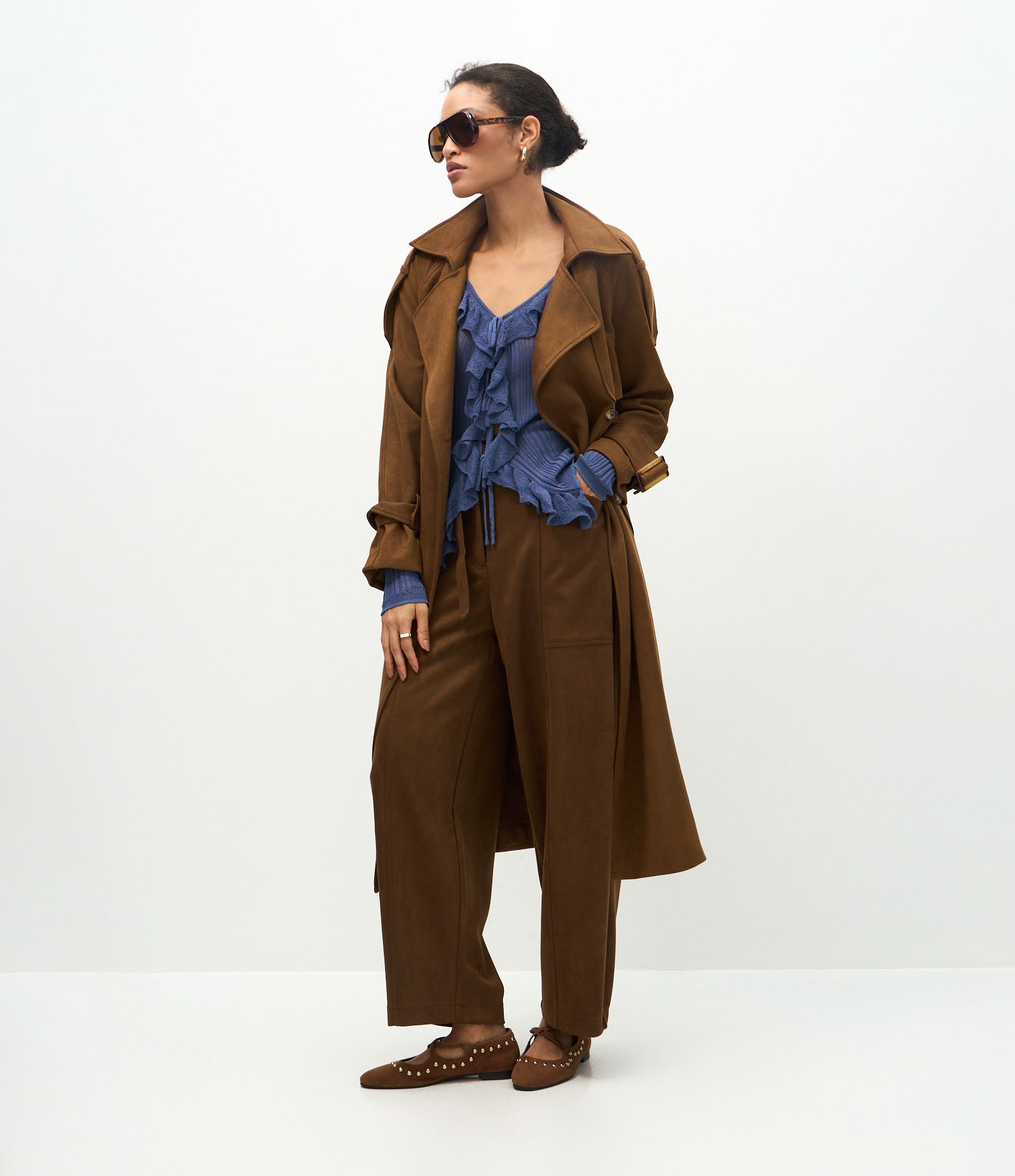 Cardigan em Tricô com Babados e Amarração Frontal Azul 2