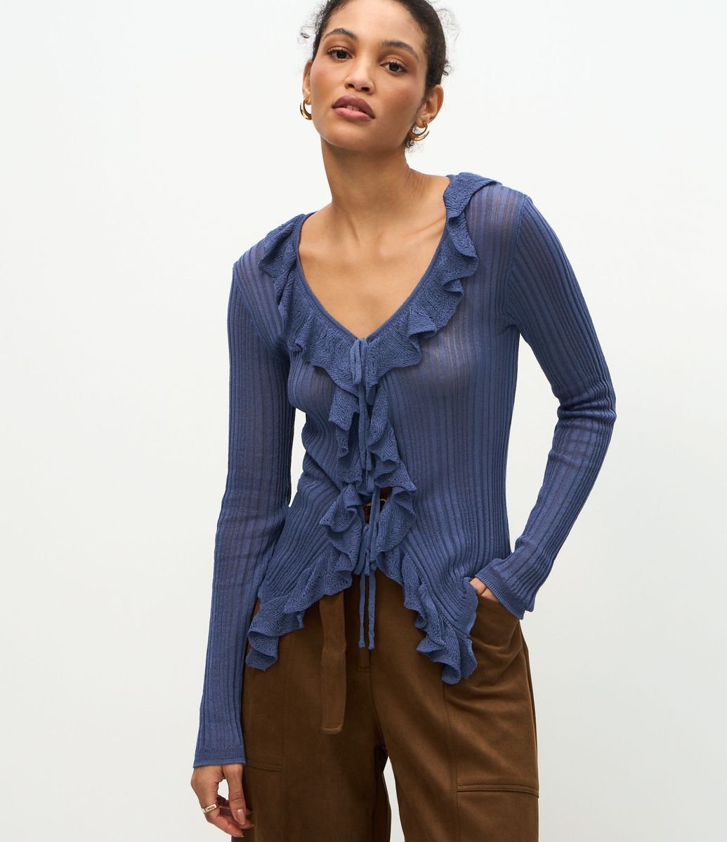 Cardigan em Tricô com Babados e Amarração Frontal Azul
