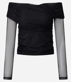 Blusa em Tule com Decote Ombro a Ombro Transpassado