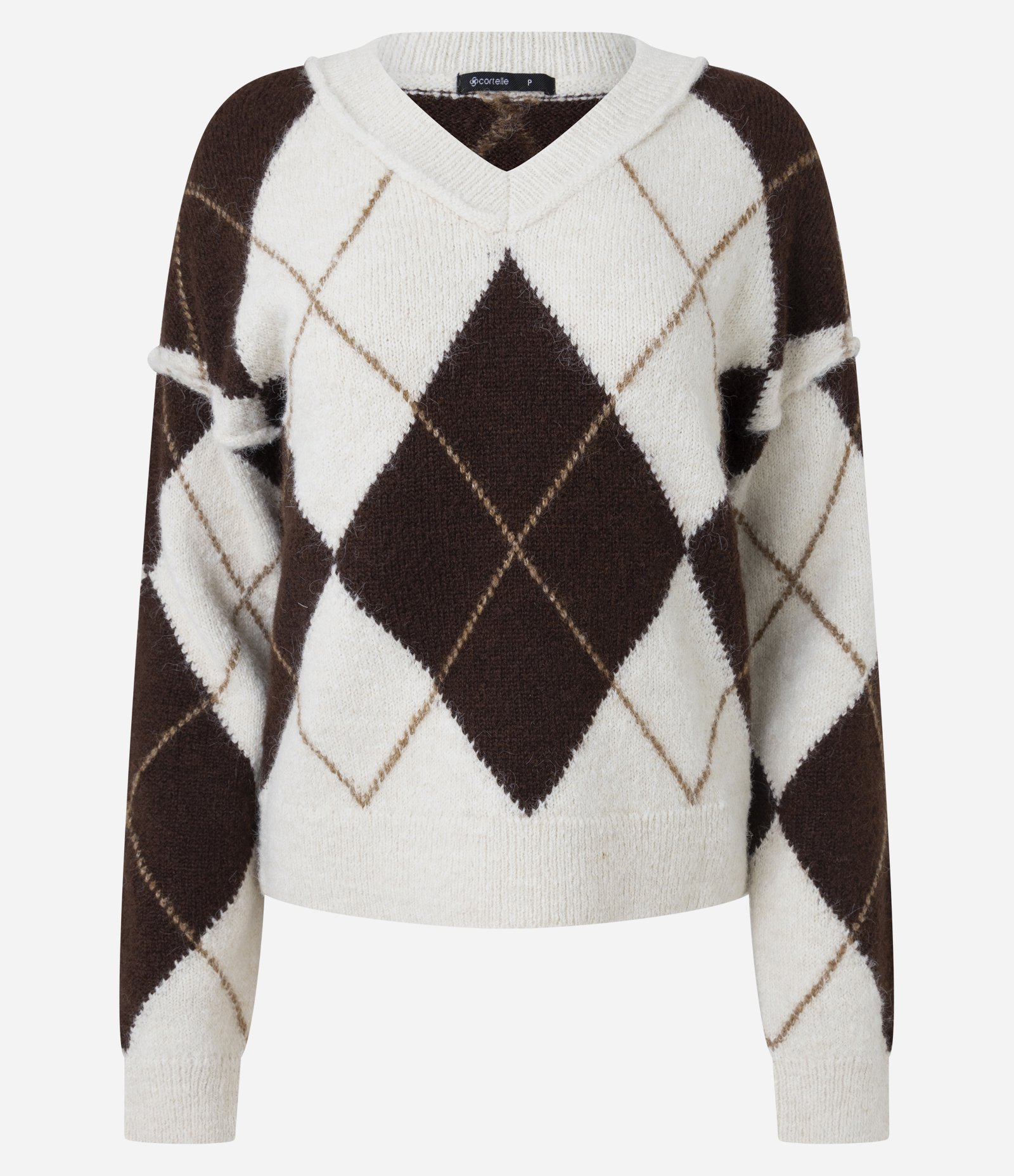 Suéter Regular em Tricô Xadrez Argyle Bege 7