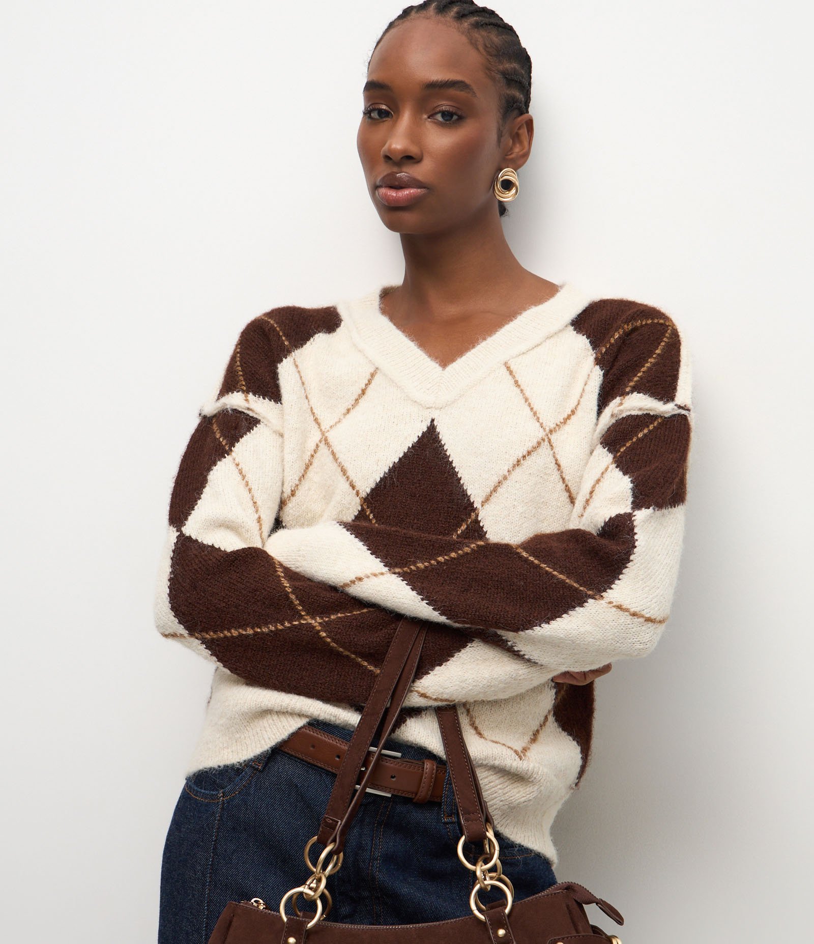 Suéter Regular em Tricô Xadrez Argyle Bege 3