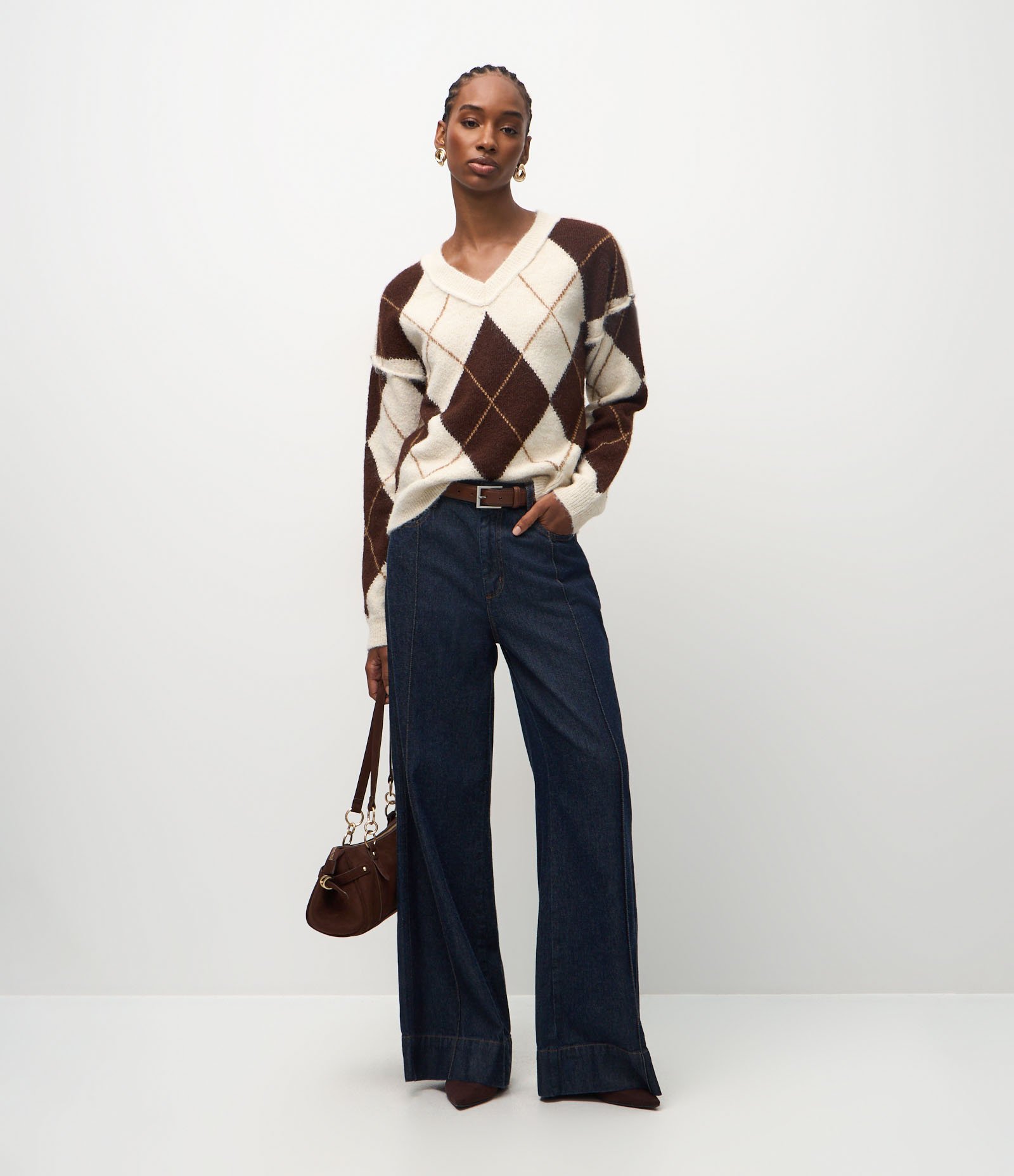 Suéter Regular em Tricô Xadrez Argyle Bege 4