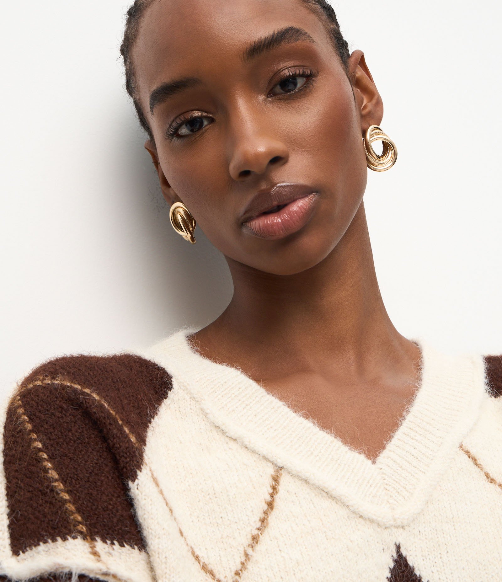 Suéter Regular em Tricô Xadrez Argyle Bege 5