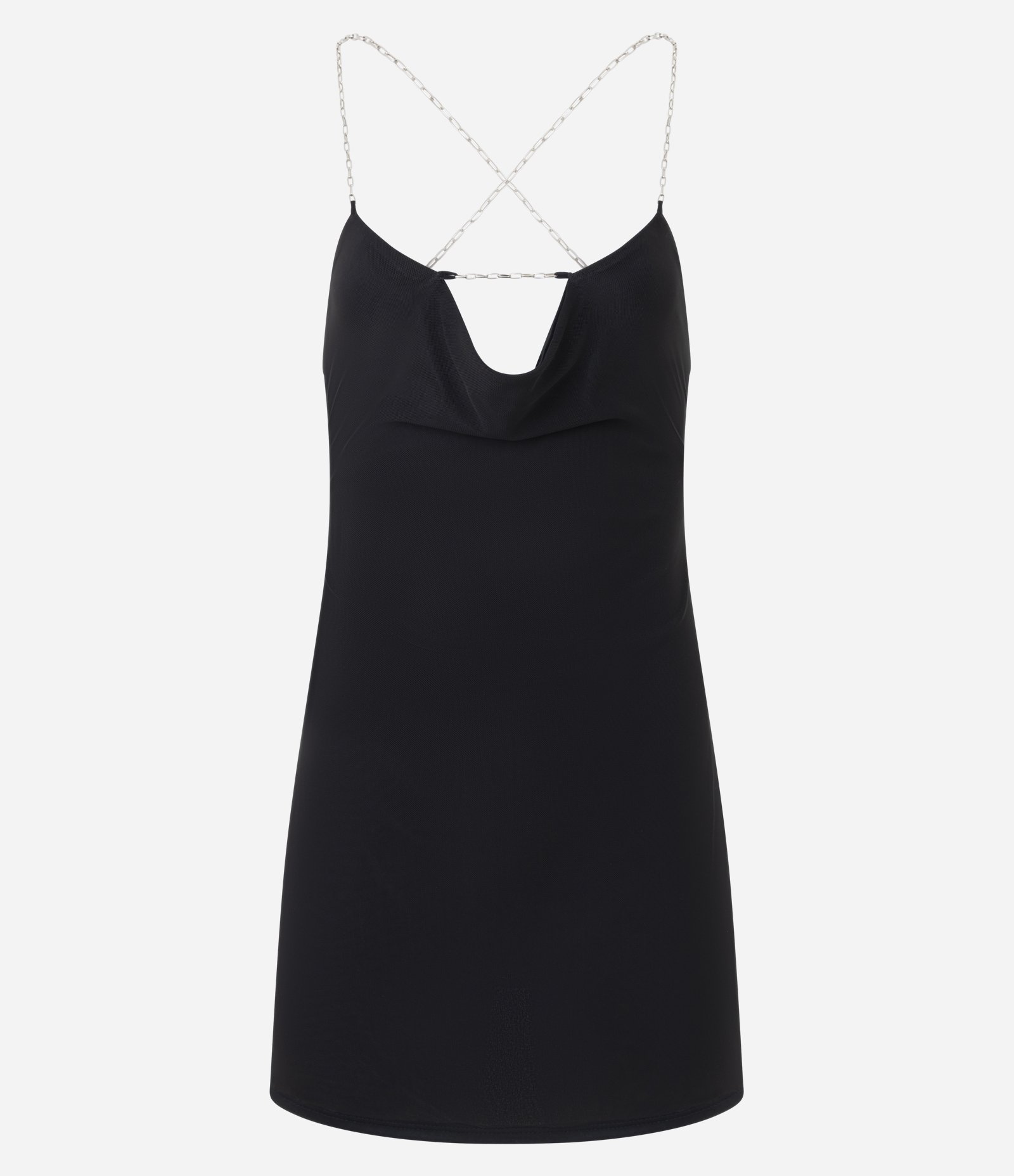 Vestido Curto em Tule com Alças de Corrente e Decote Drapeado Preto 1