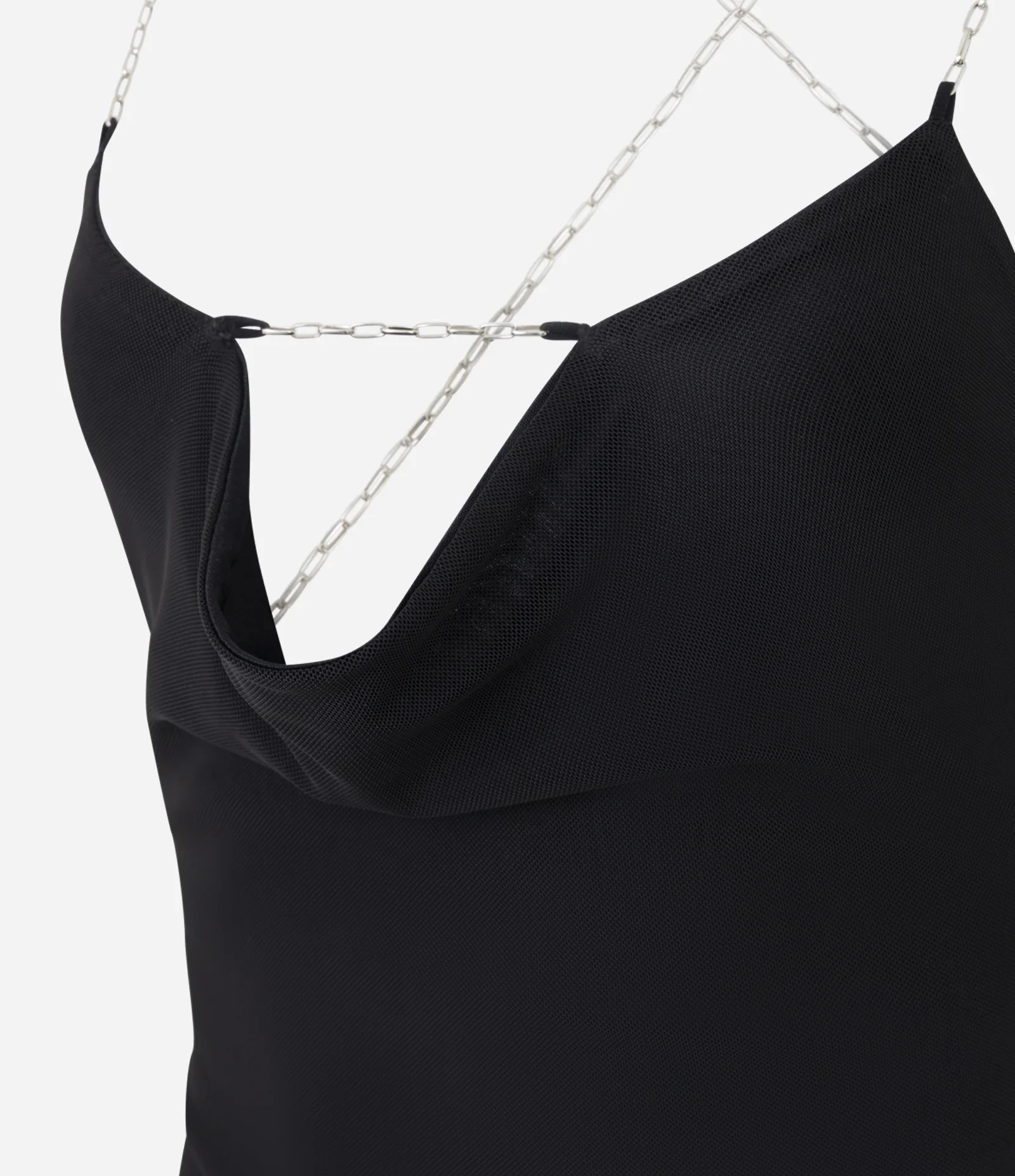 Vestido Curto em Tule com Alças de Corrente e Decote Drapeado Preto 2