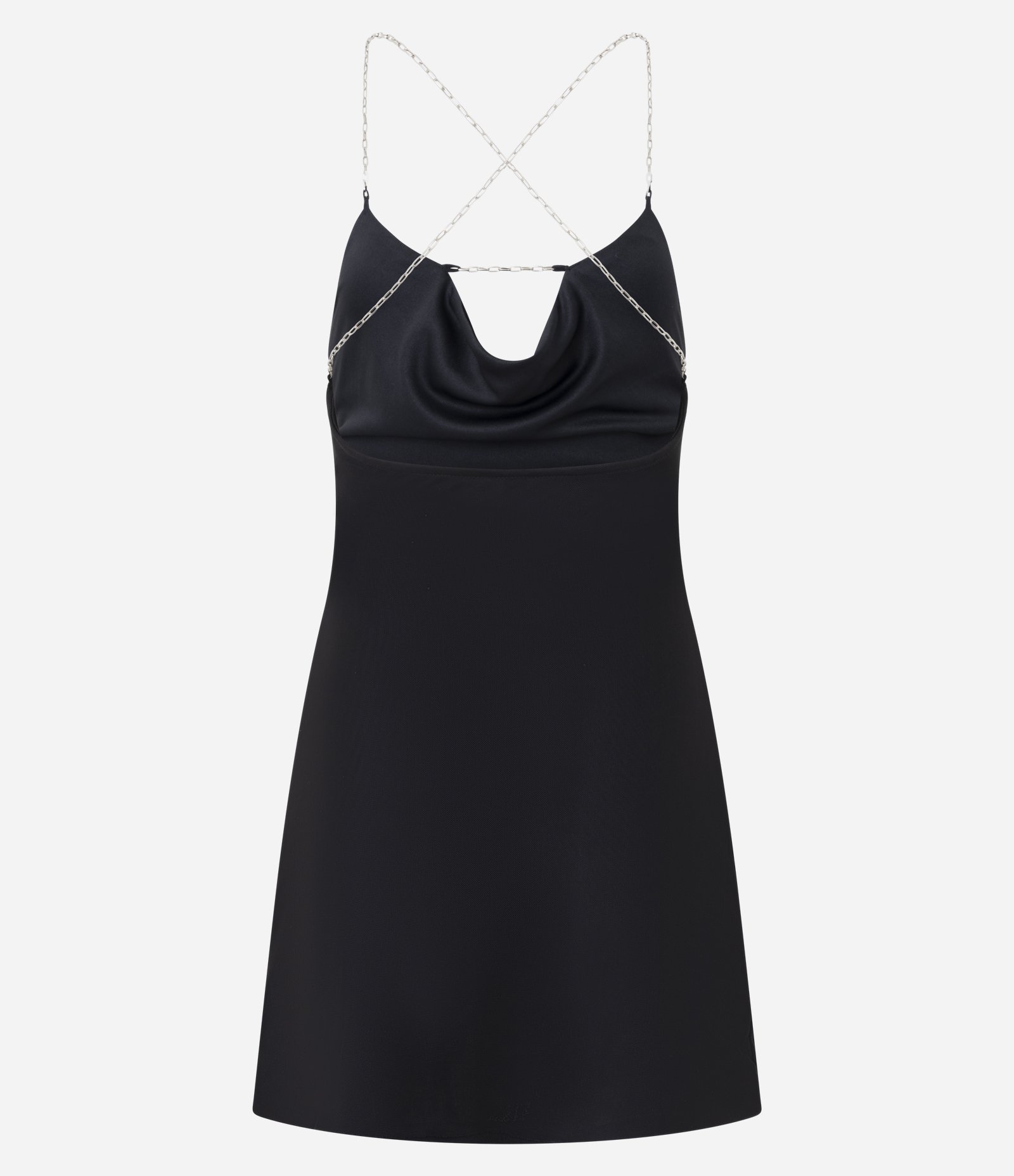 Vestido Curto em Tule com Alças de Corrente e Decote Drapeado Preto 3