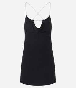 Vestido Curto em Tule com Alças de Corrente e Decote Drapeado