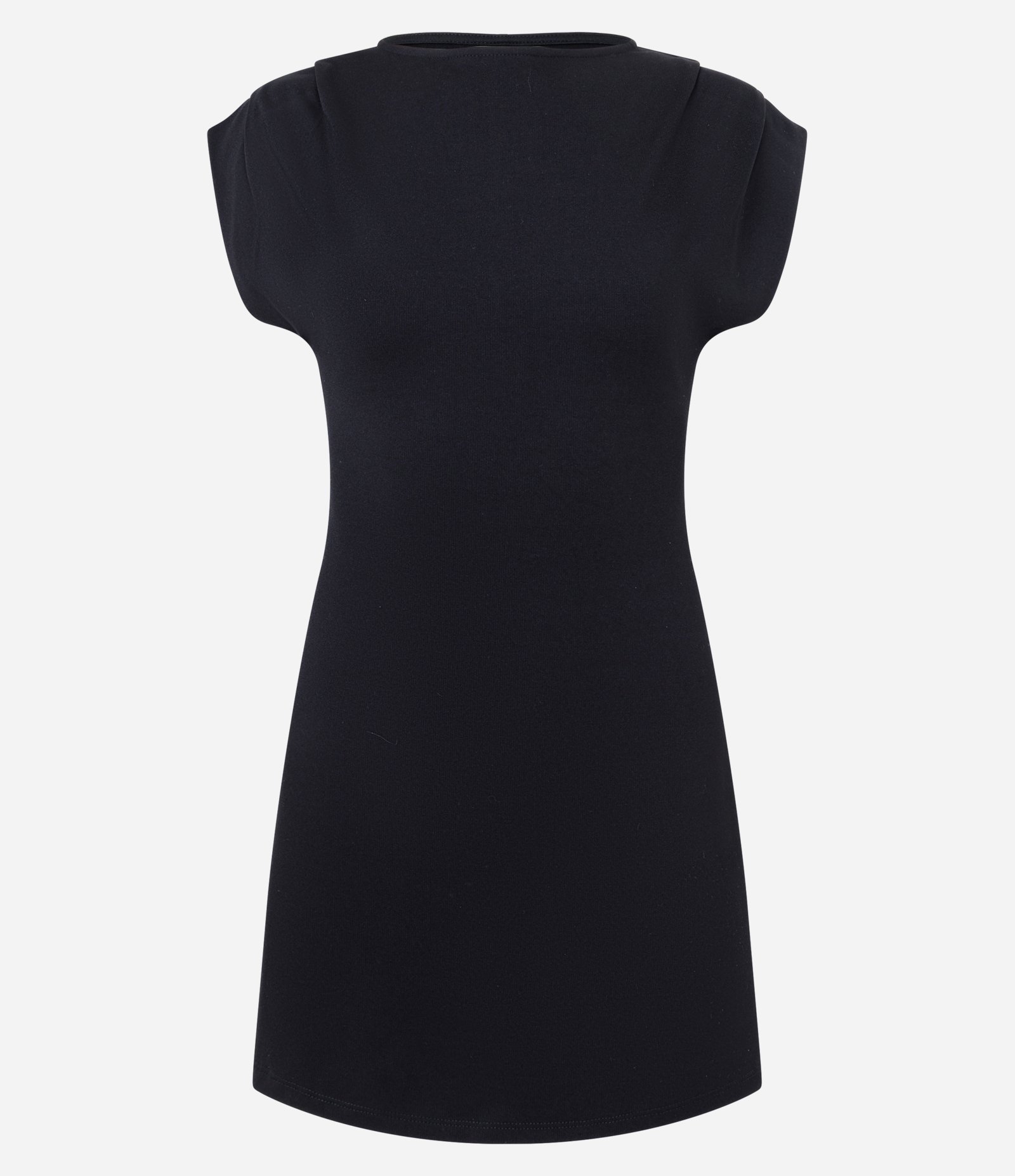 Vestido Curto em Ponto Roma com Ombro Drapeado Preto 1