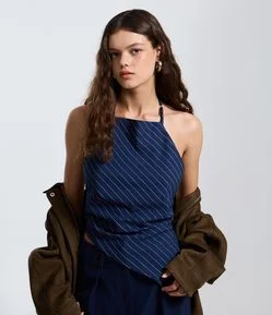 Blusa Frente Única em Alfaiataria com Listras e Amarração Traseira