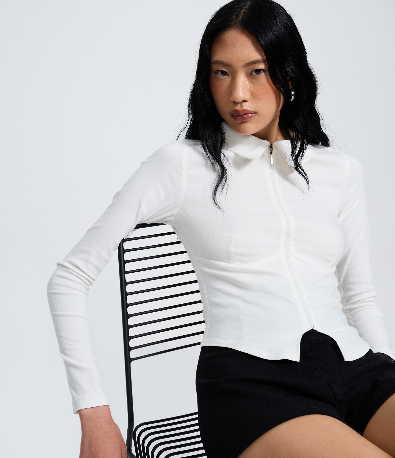 Camisa Manga Longa em Bengaline com Zíper Frontal Branco 1