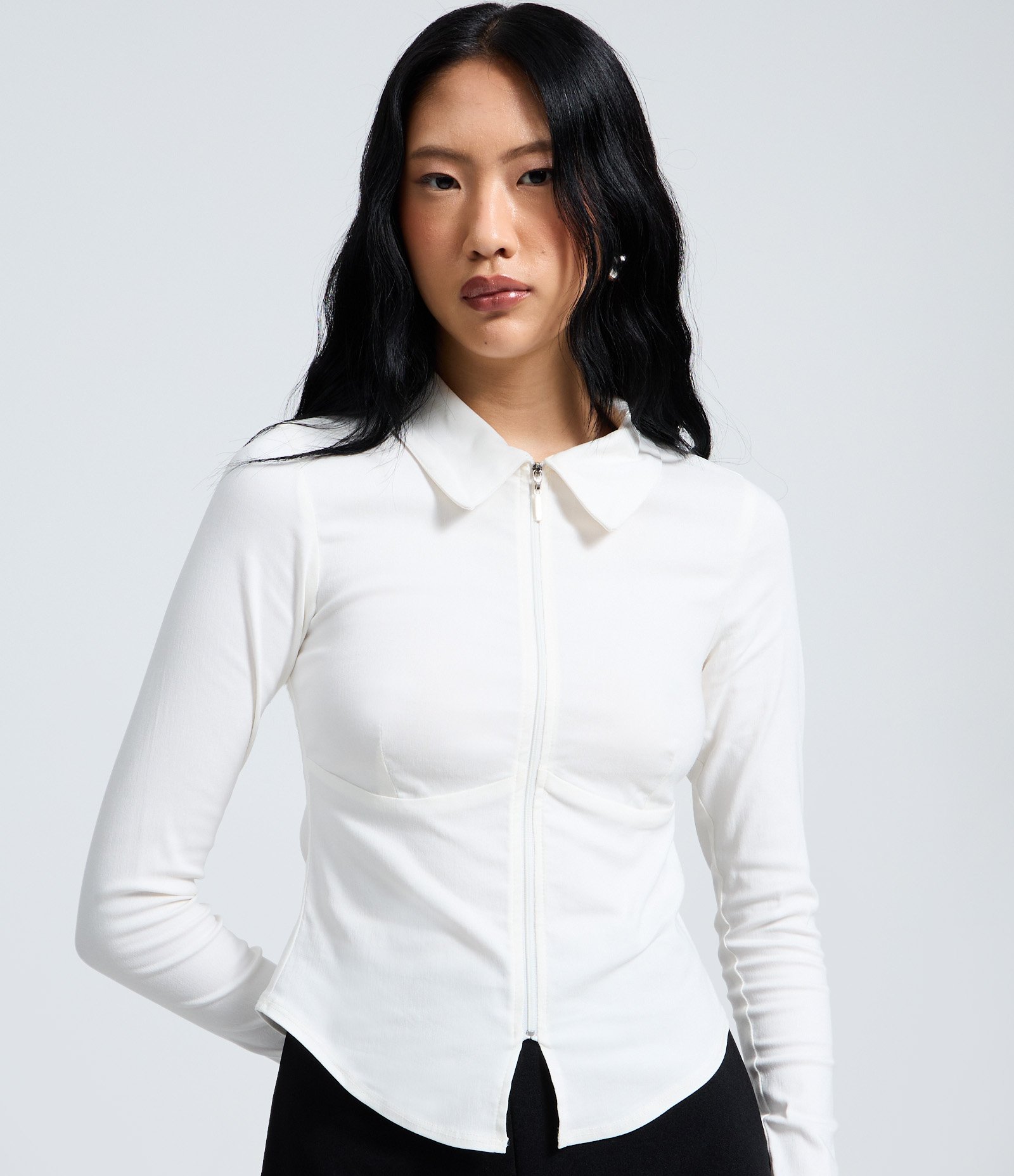 Camisa Manga Longa em Bengaline com Zíper Frontal Branco 3