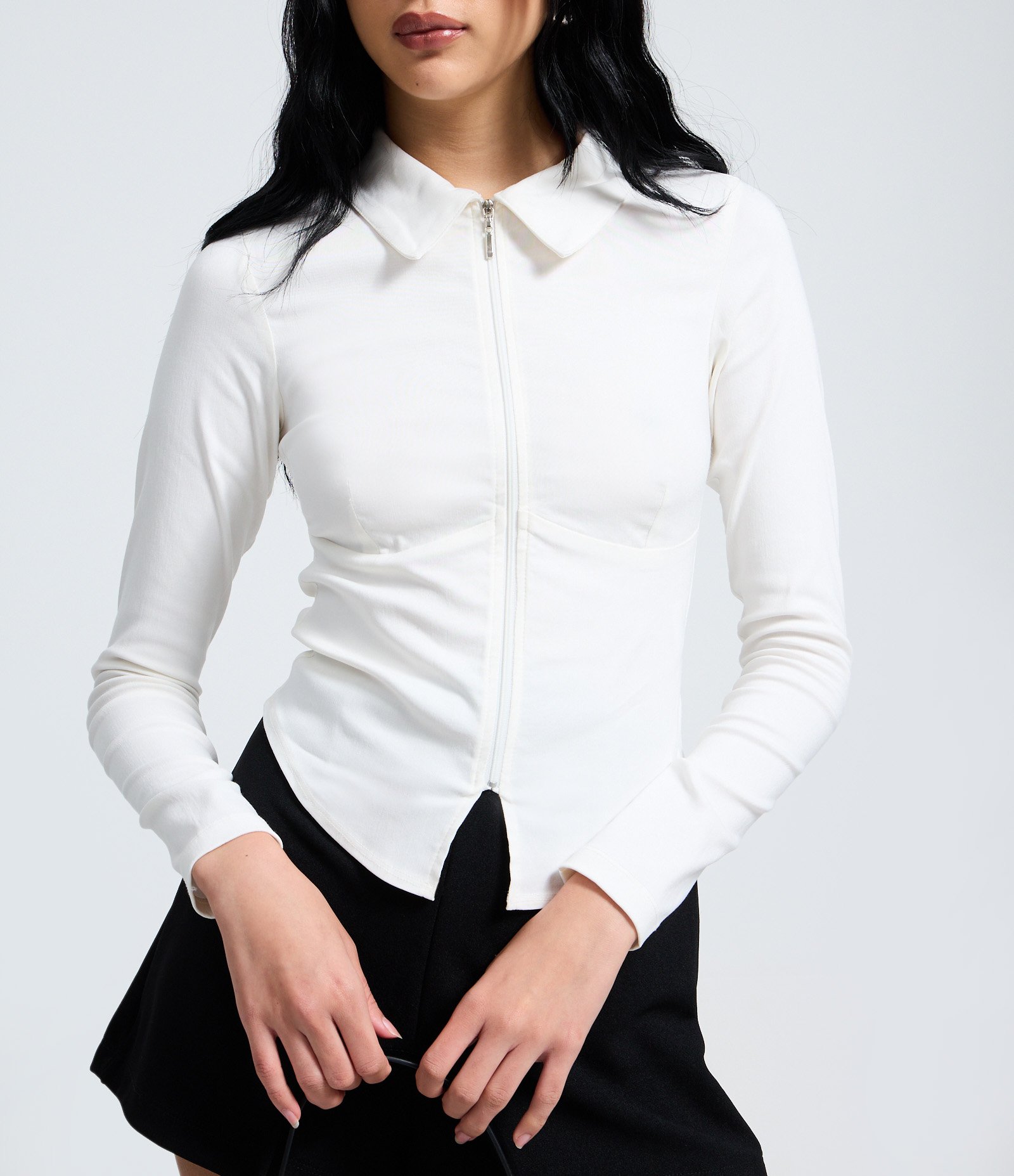 Camisa Manga Longa em Bengaline com Zíper Frontal Branco 4