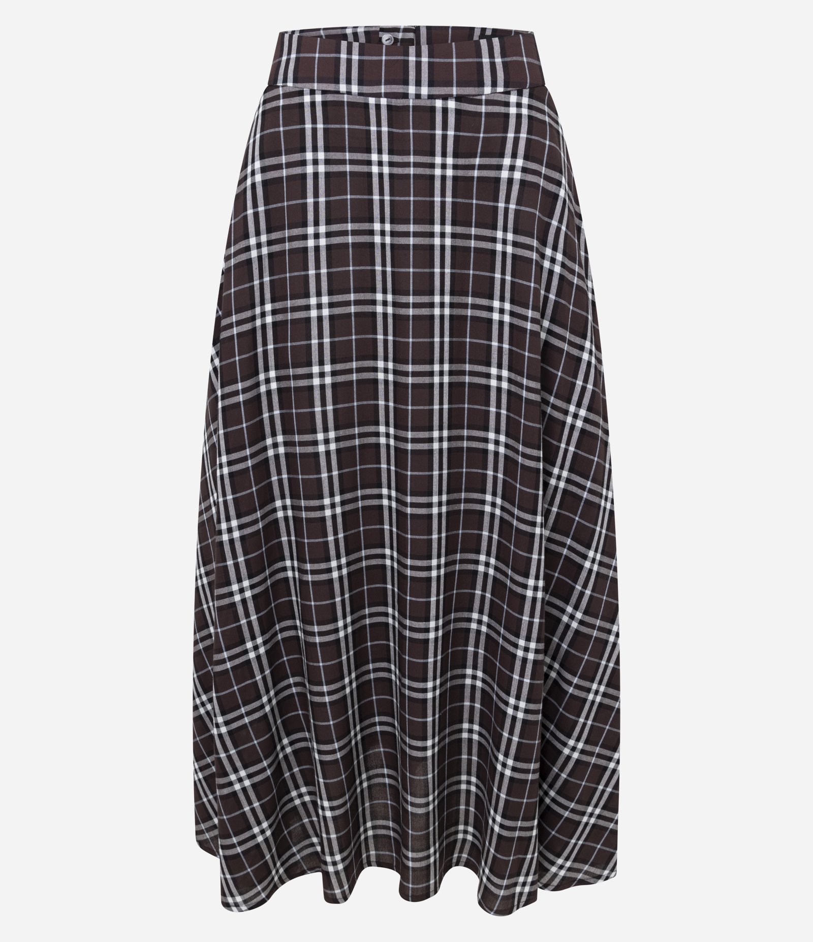 Saia Longa Evasê em Viscose Xadrez com Bolsos Marrom 5