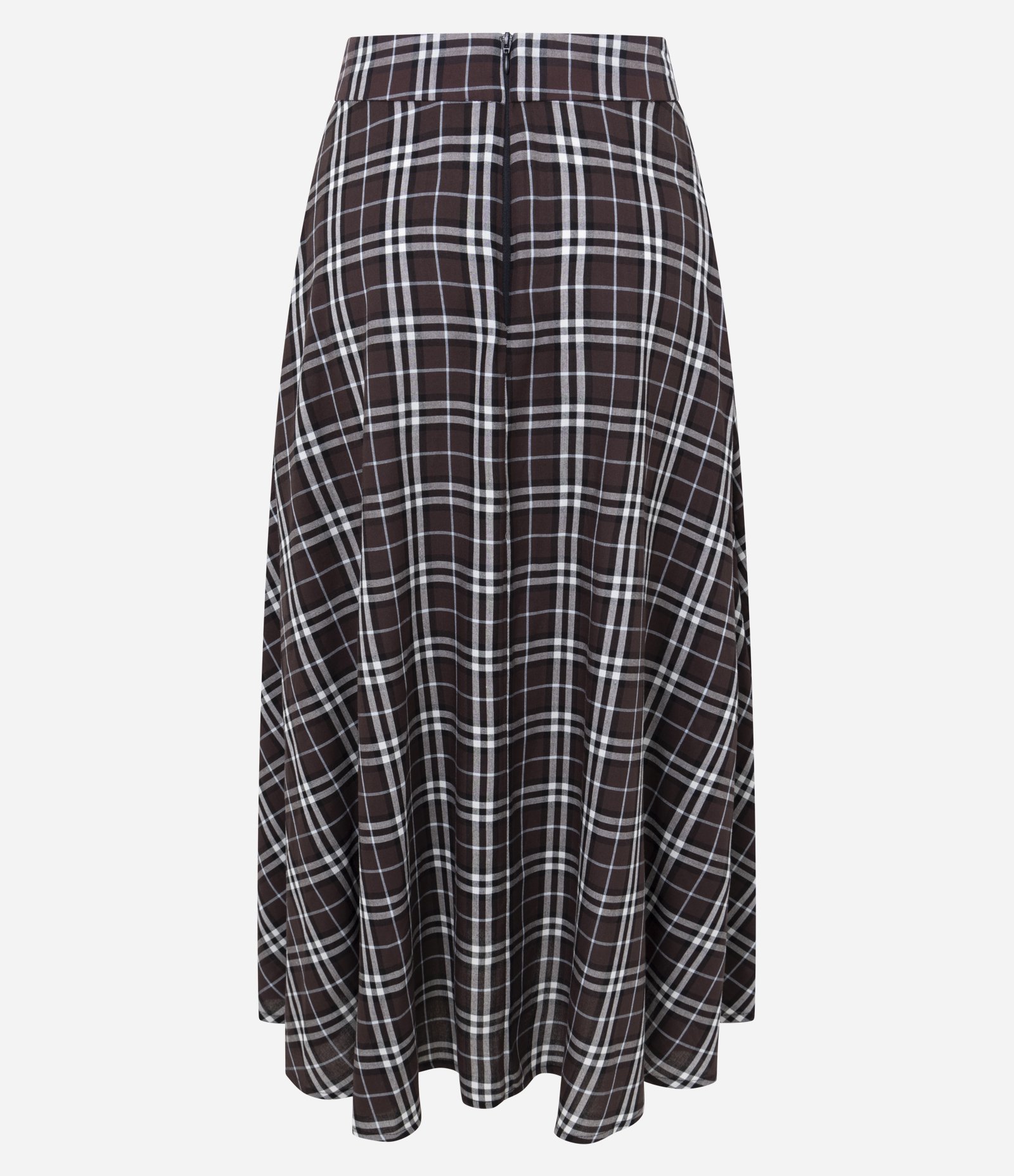 Saia Longa Evasê em Viscose Xadrez com Bolsos Marrom 6
