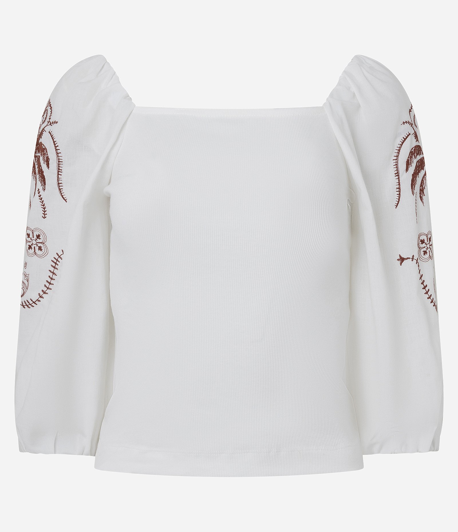 Blusa em Ribana com Manga 3/4 e Estampa Bordada Branco 5