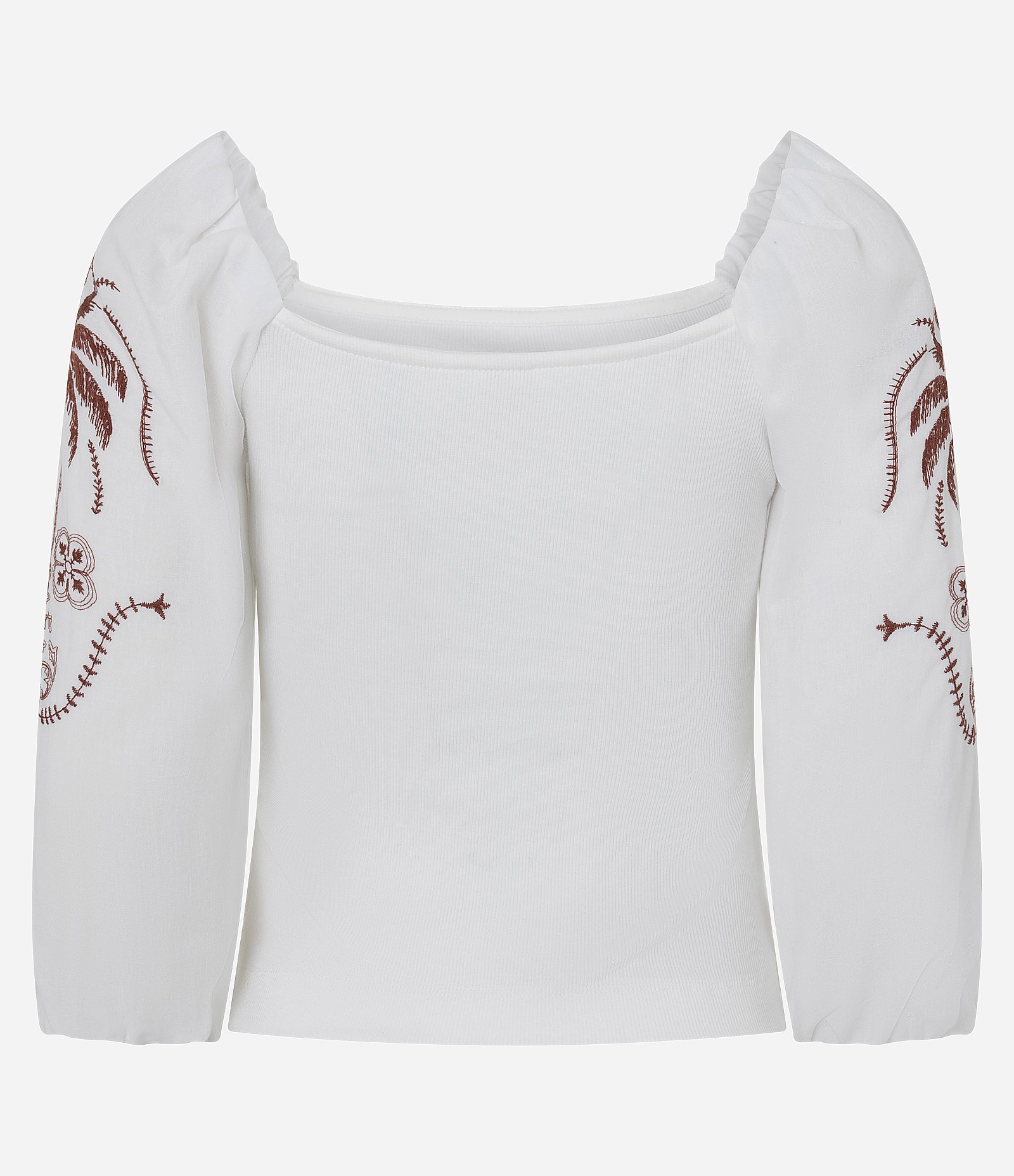 Blusa em Ribana com Manga 3/4 e Estampa Bordada Branco 7