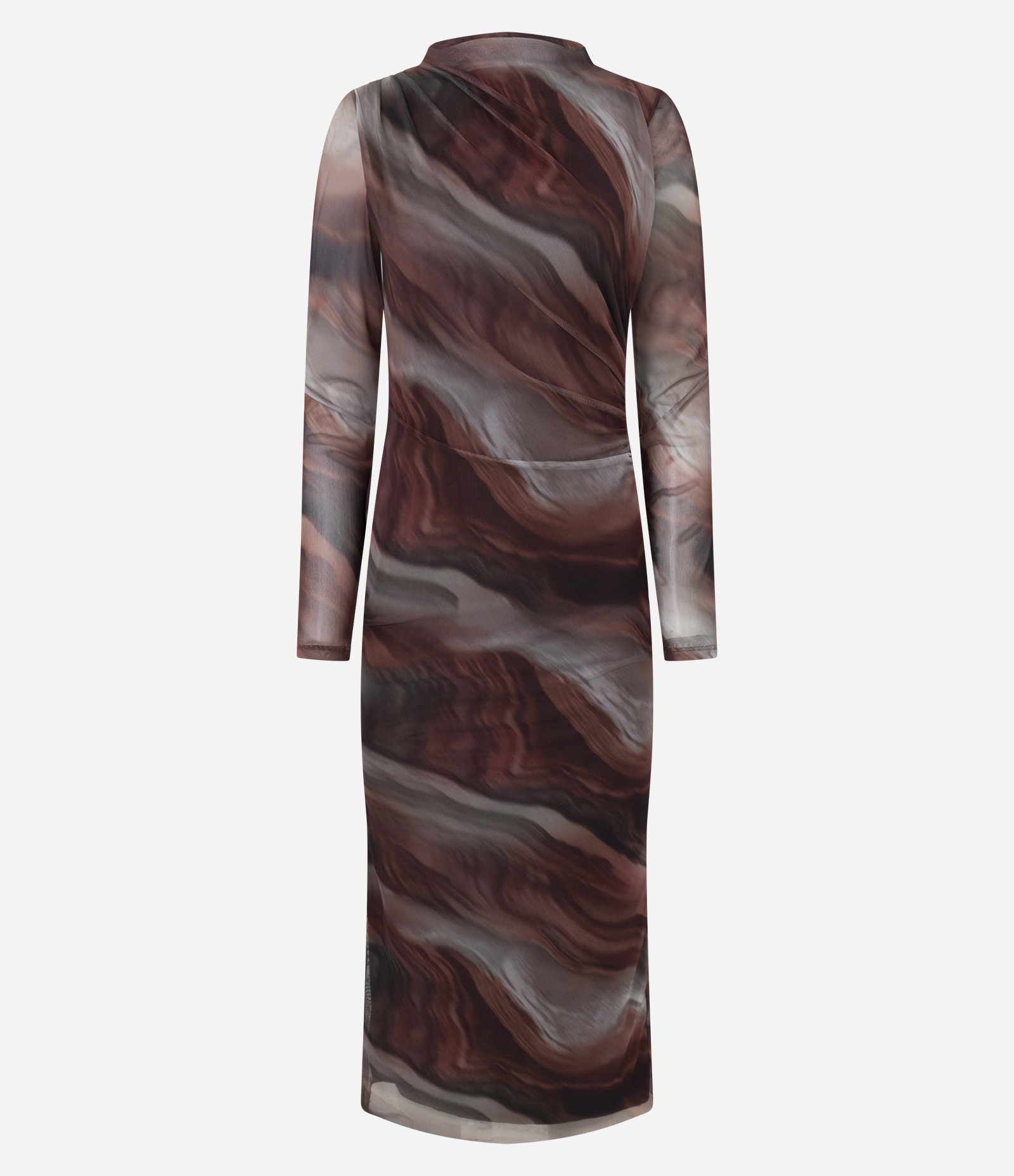 Vestido Midi Manga Longa em Tule Estampado com Efeito Manchado Marrom 5