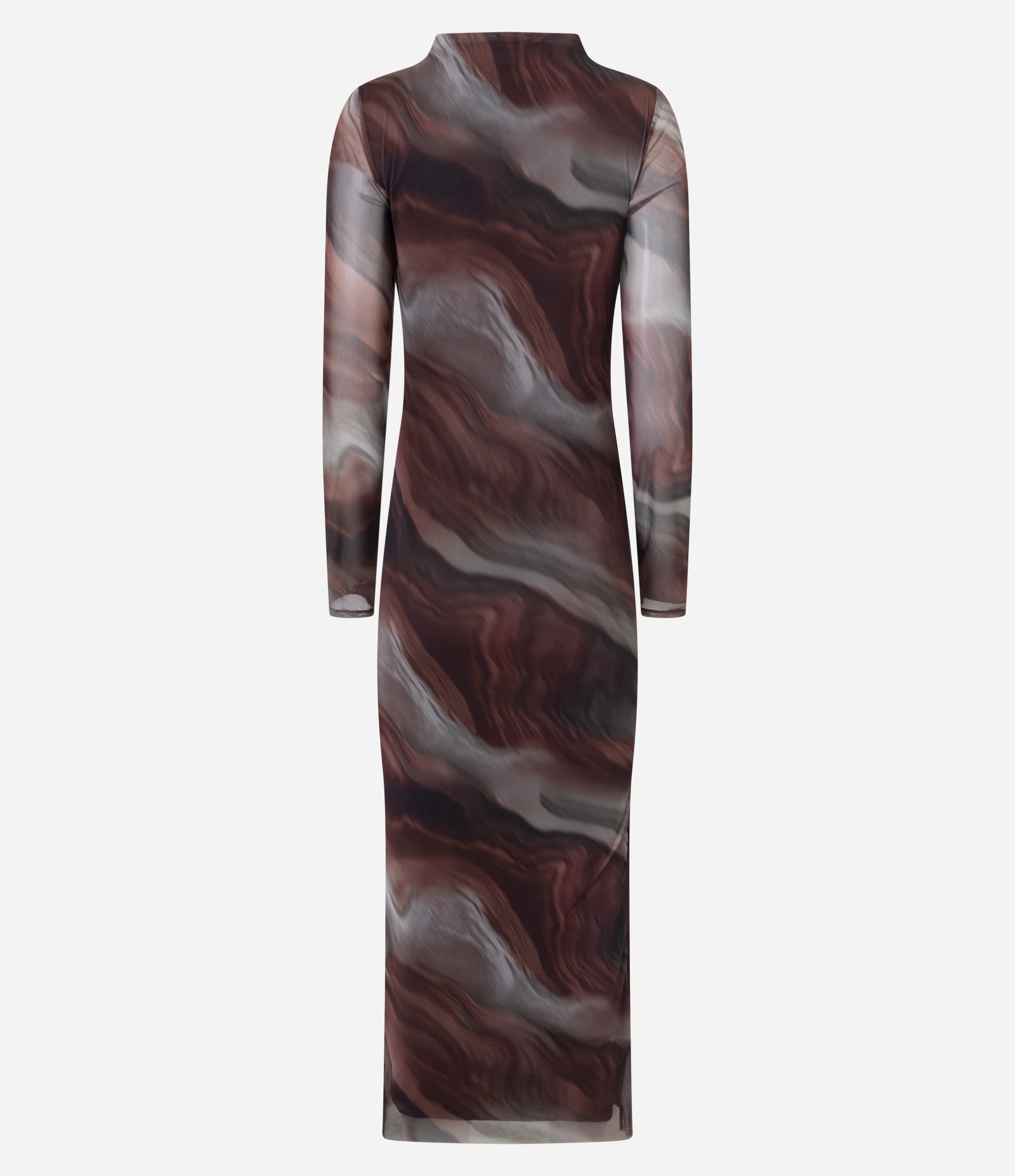 Vestido Midi Manga Longa em Tule Estampado com Efeito Manchado Marrom 6