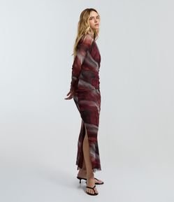 Vestido Midi Manga Longa em Tule Estampado com Efeito Manchado