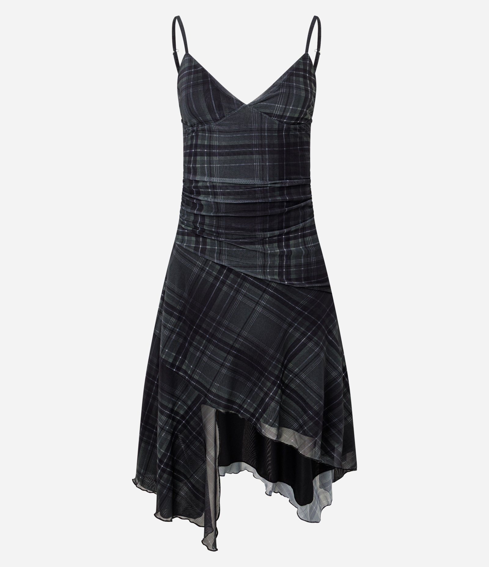 Vestido Midi Alcinha em Tule Xadrez com Barra Assimétrica Preto 1
