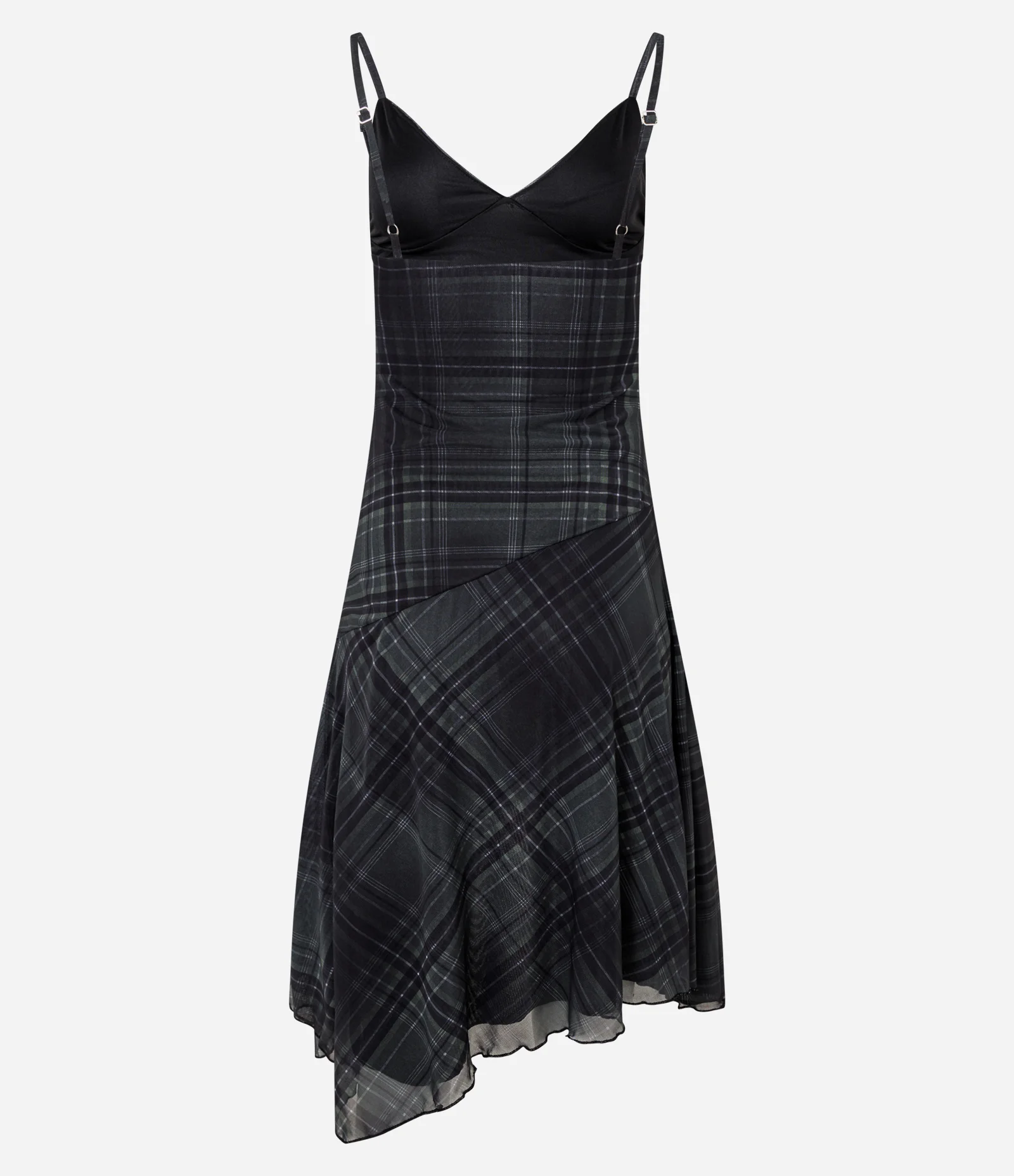 Vestido Midi Alcinha em Tule Xadrez com Barra Assimétrica Preto 2