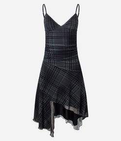 Vestido Midi Alcinha em Tule Xadrez com Barra Assimétrica