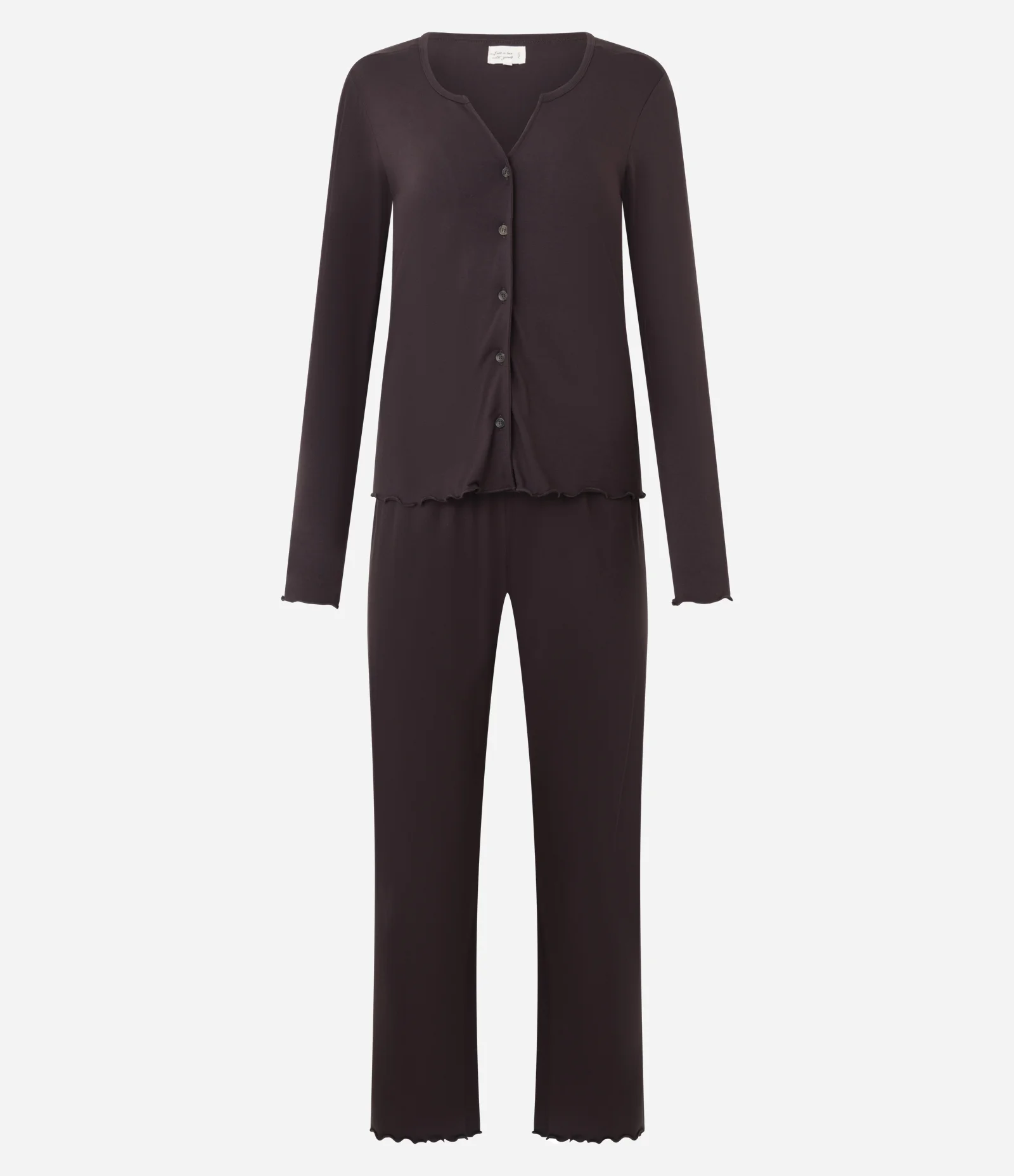 Pijama Longo em Viscolycra com Abotoamento e Frufrus Marrom 1