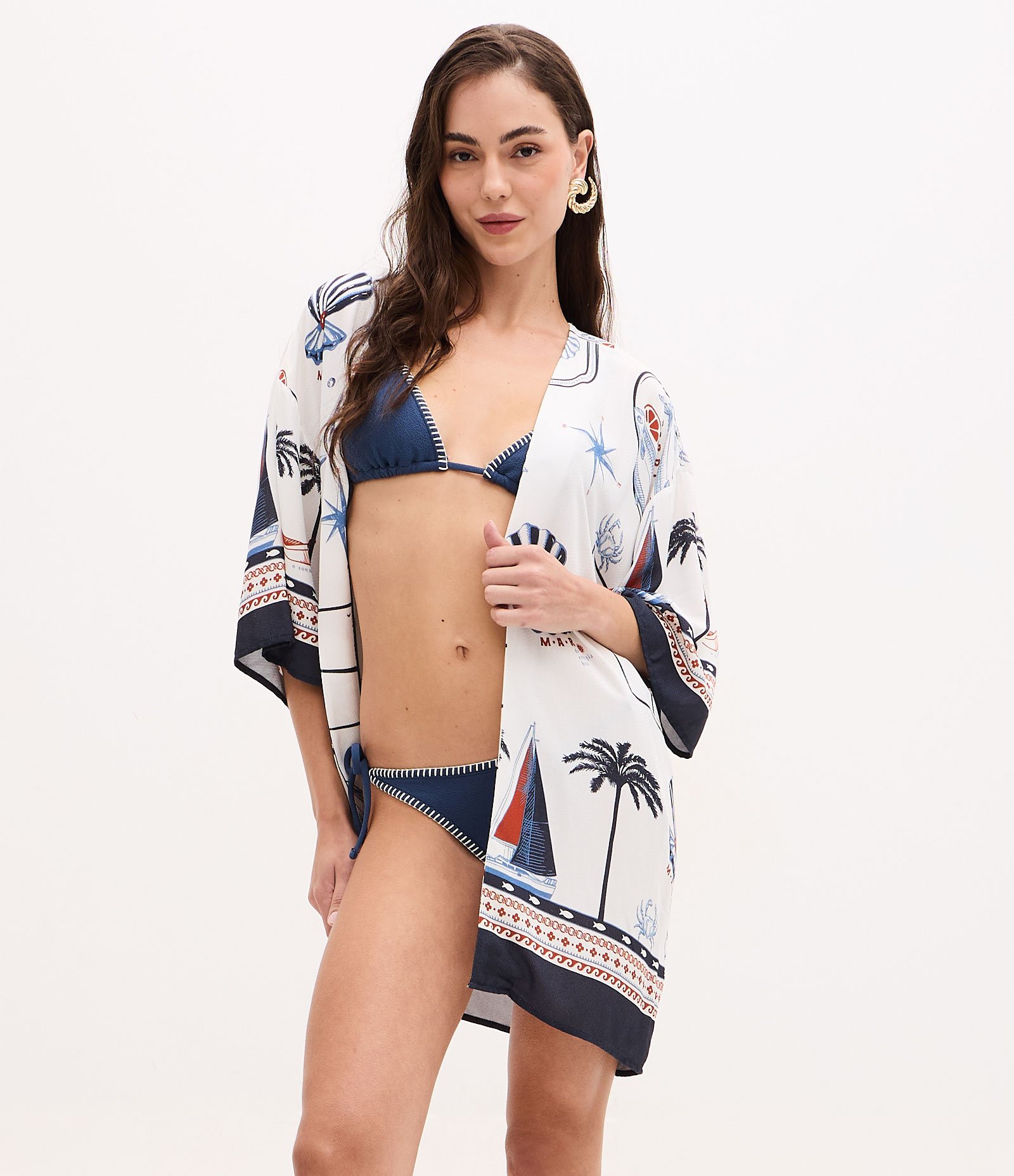 Kimono Maquinetado com Estampa Ícones Náuticos Branco 2