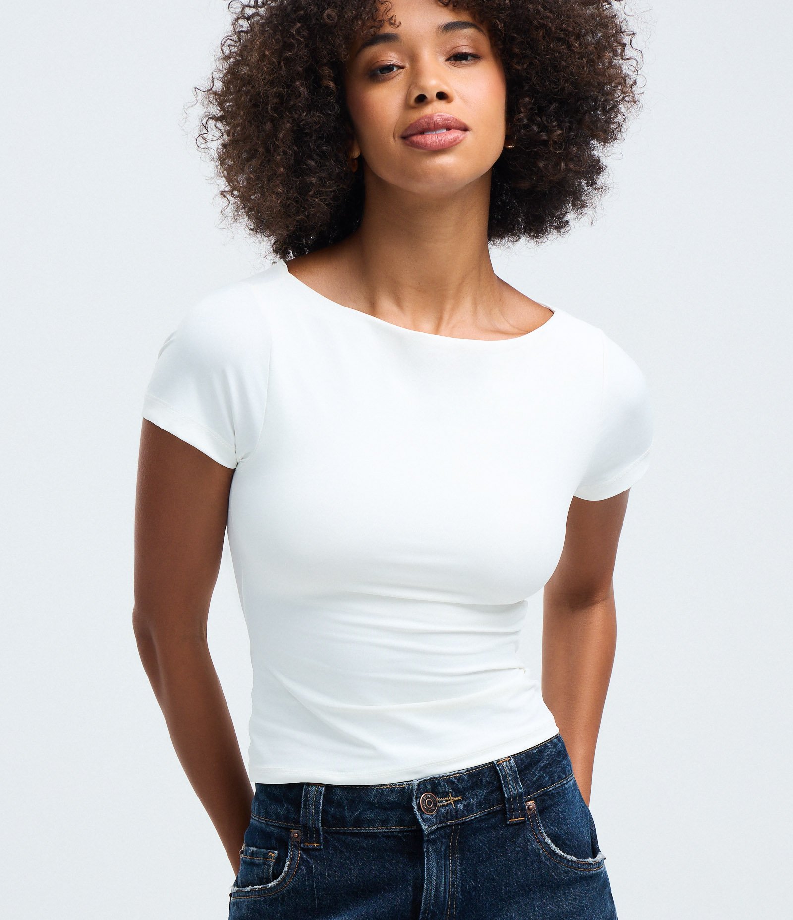 Blusa Manga Curta com Decote Canoa Branco 1