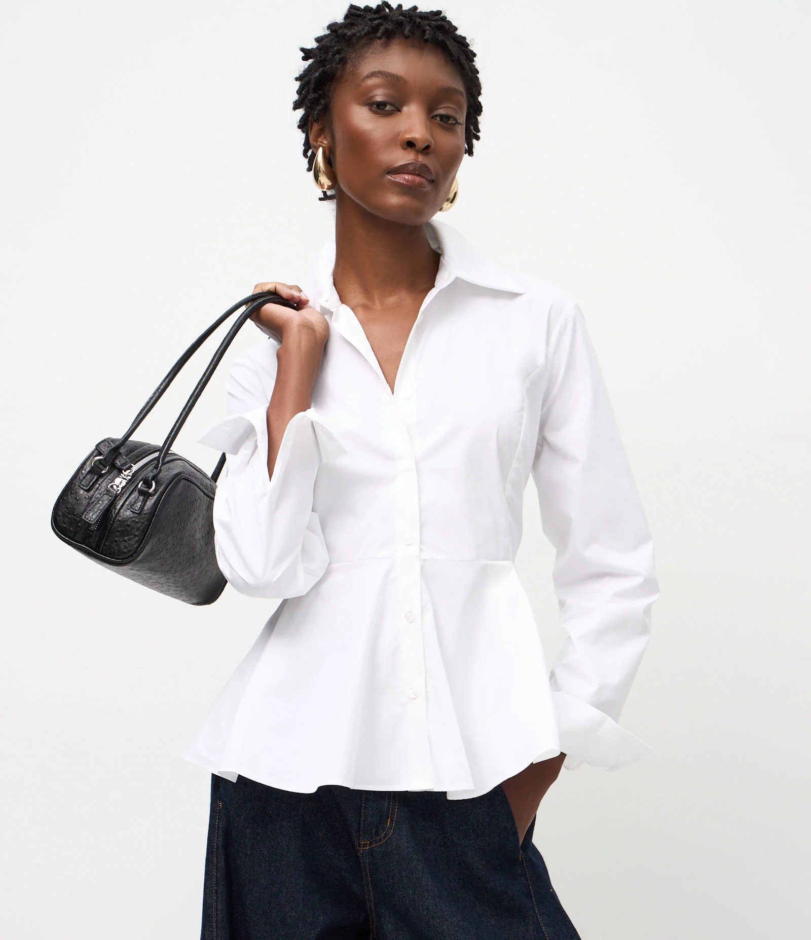 Camisa Peplum em Tricoline com Manga Longa Branco