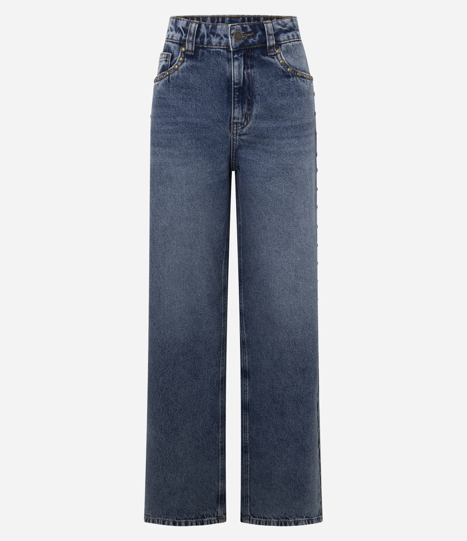 Calça Wide em Jeans com Tachas Laterais e Cintura Média Azul 5