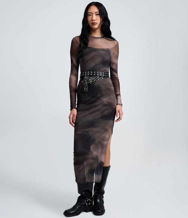 Vestido Longo em Tule com Estampa Efeito Manchado