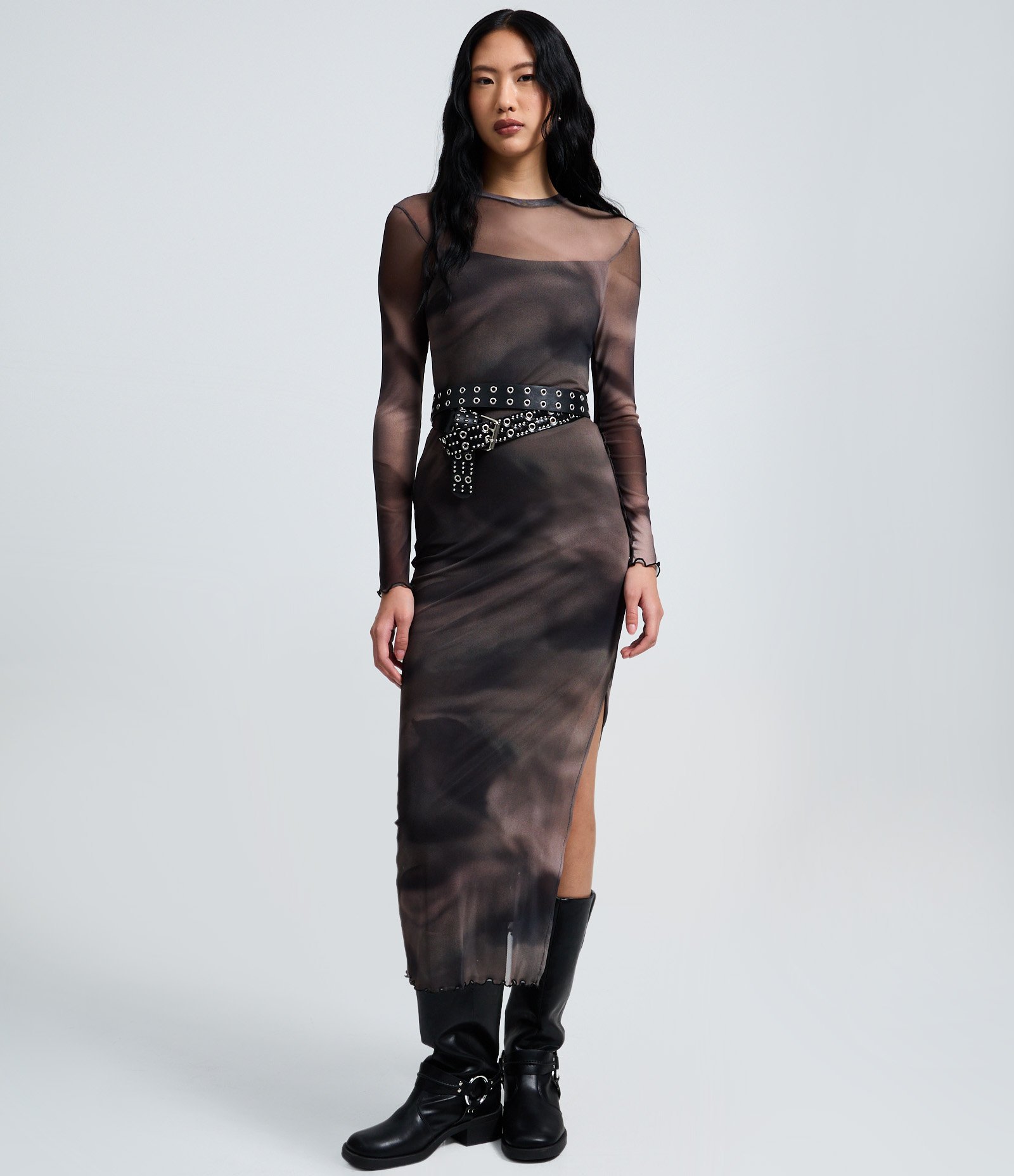 Vestido Longo em Tule com Estampa Efeito Manchado Cinza 2