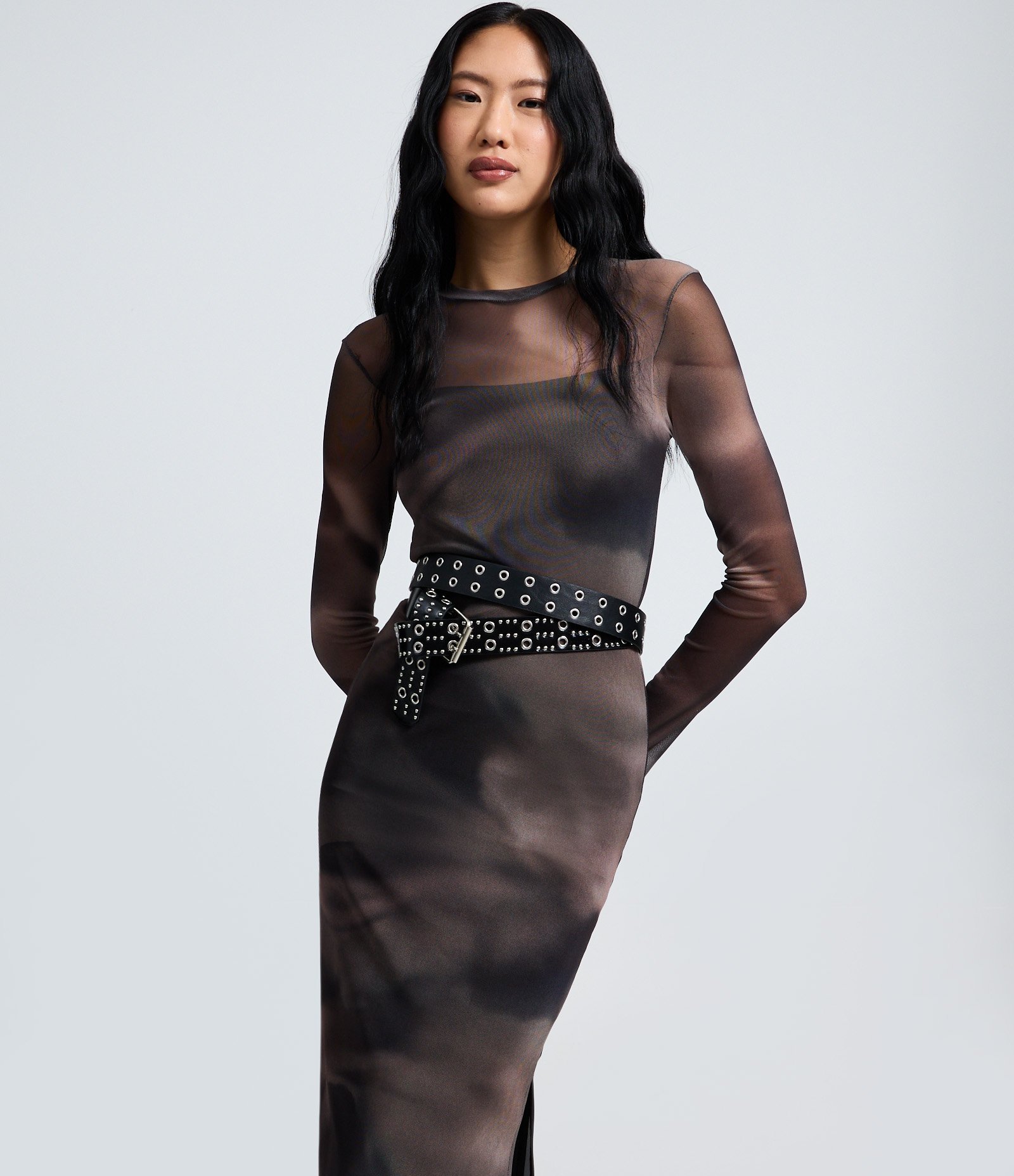 Vestido Longo em Tule com Estampa Efeito Manchado Cinza 3