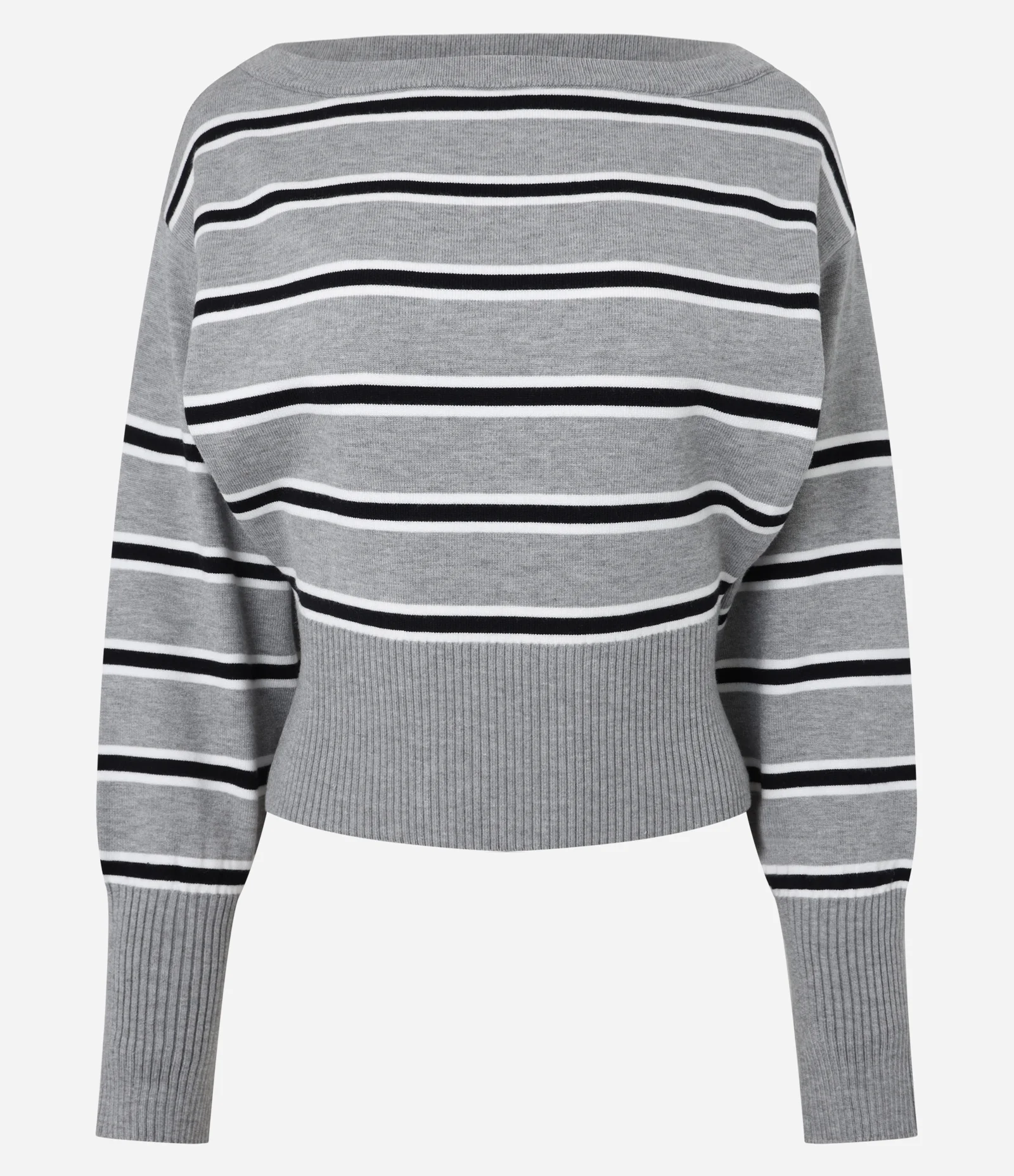 Blusa Manga Longa em Tricô Listrado com Gola Ampla Cinza 1