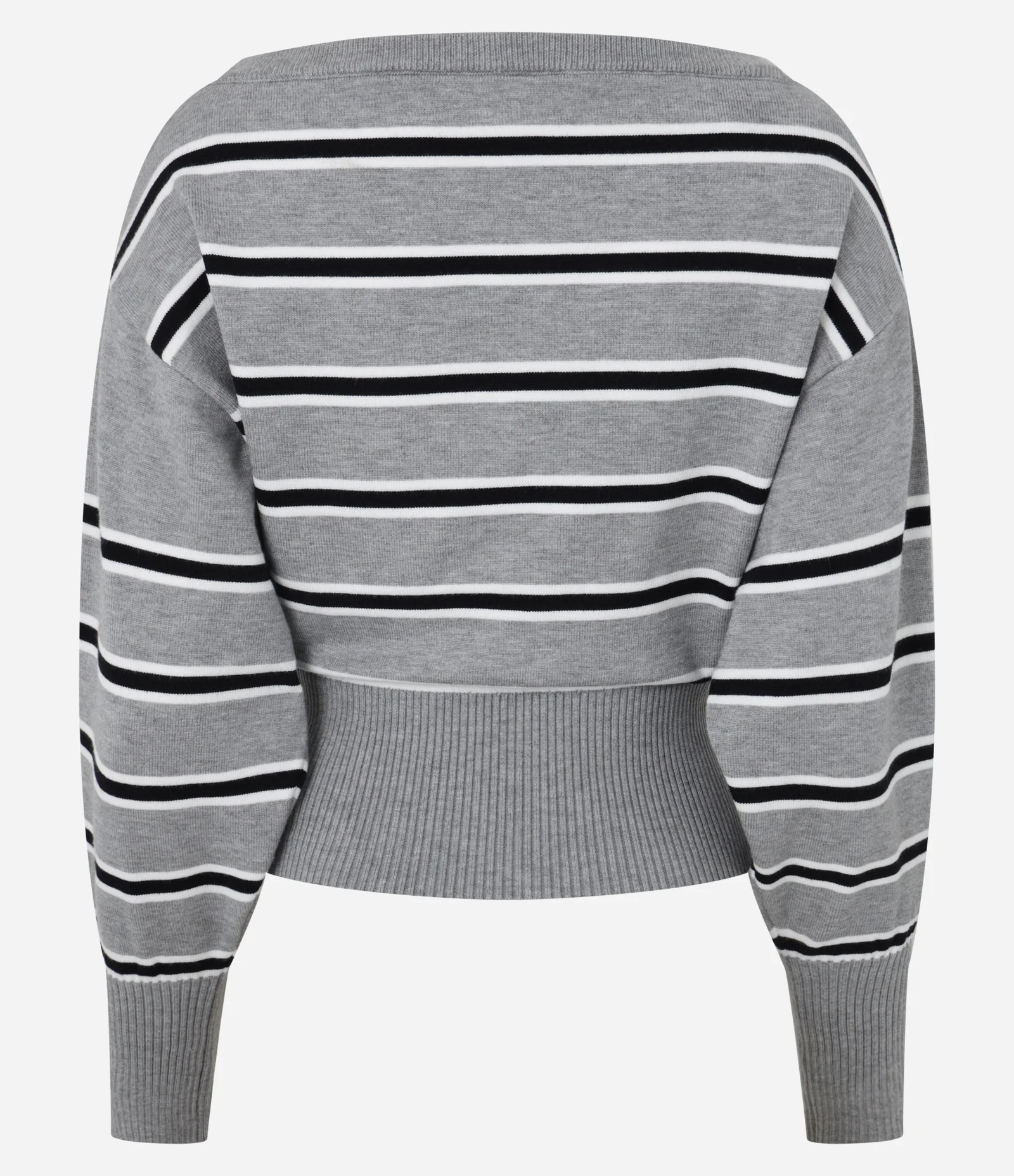 Blusa Manga Longa em Tricô Listrado com Gola Ampla Cinza 2