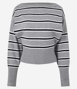 Blusa Manga Longa em Tricô Listrado com Gola Ampla