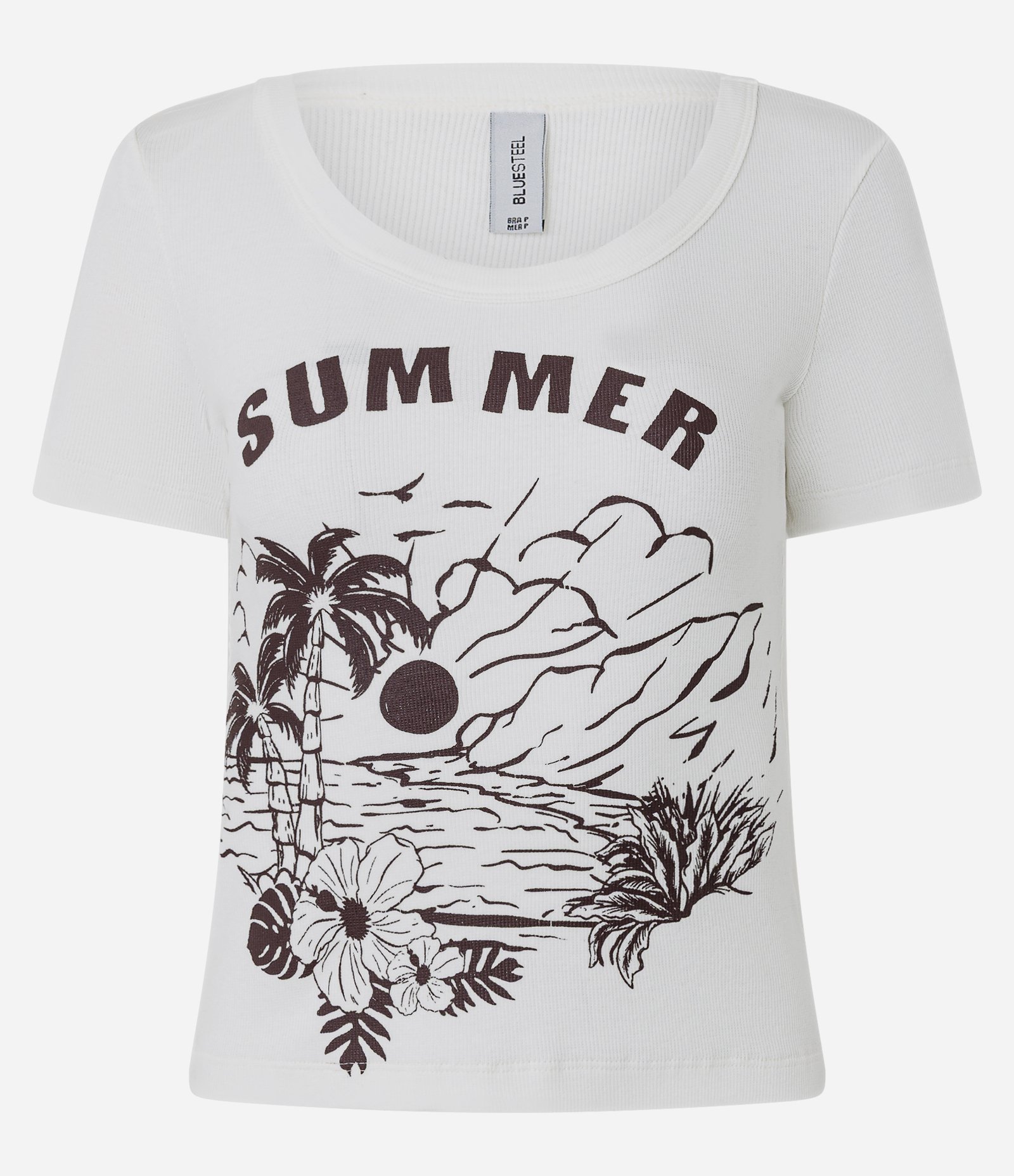Blusa Baby Tee em Ribana com Estampa Paisagem Summer Off White 3