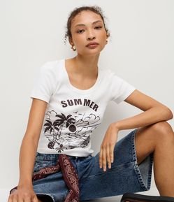 Blusa Baby Tee em Ribana com Estampa Paisagem Summer