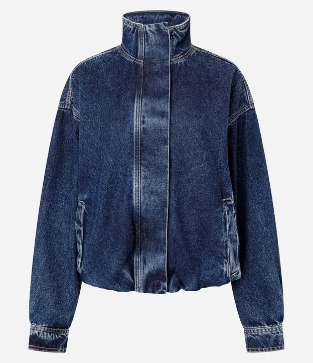 Jaqueta Bomber em Jeans com Gola Alta Estruturada