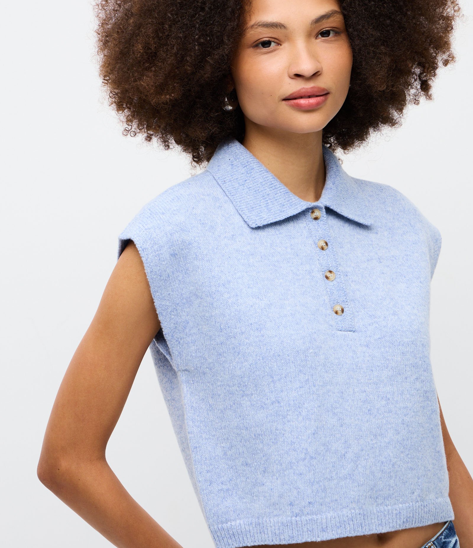 Colete em Tricô com Gola Polo Azul 1