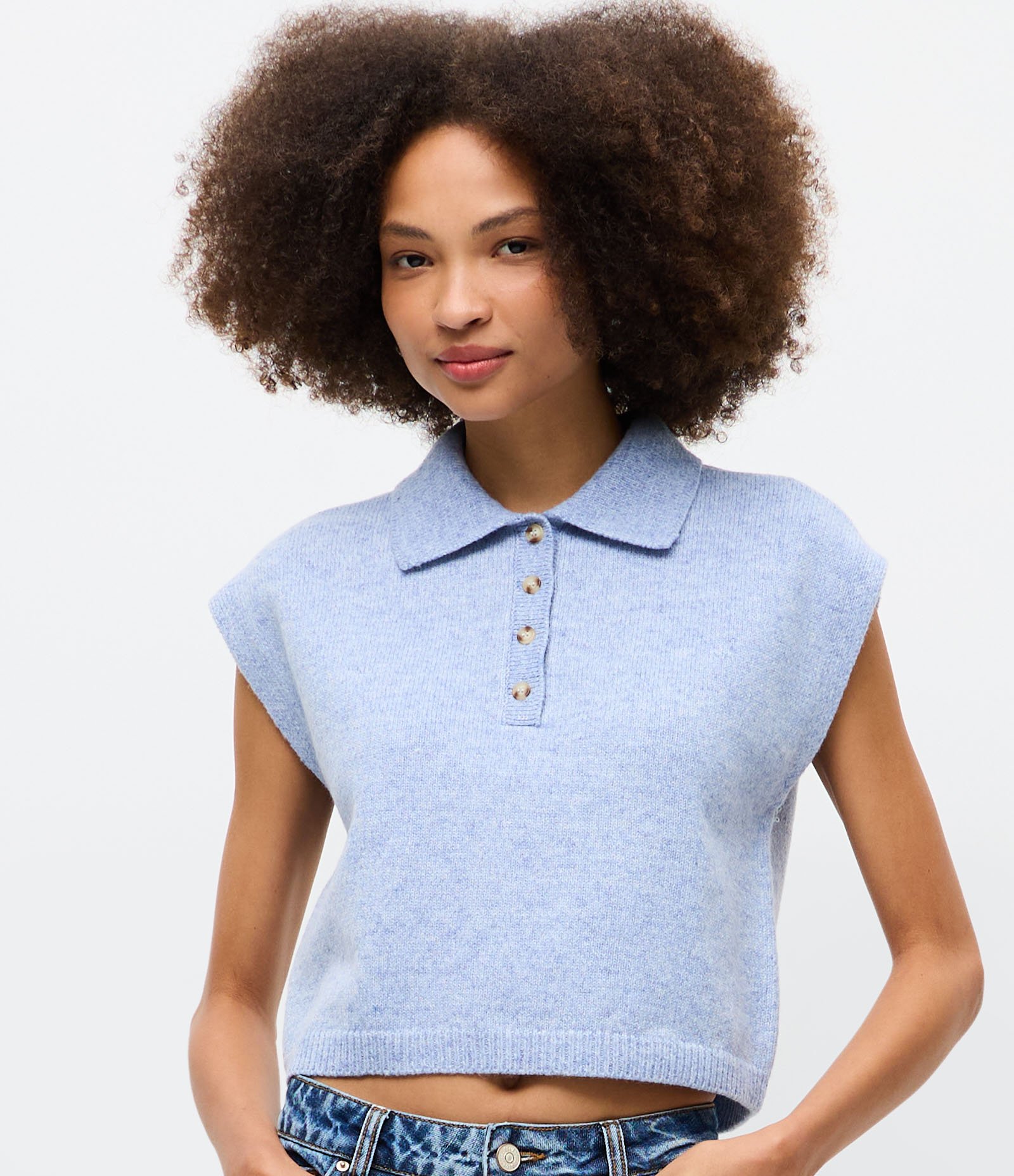 Colete em Tricô com Gola Polo Azul 2