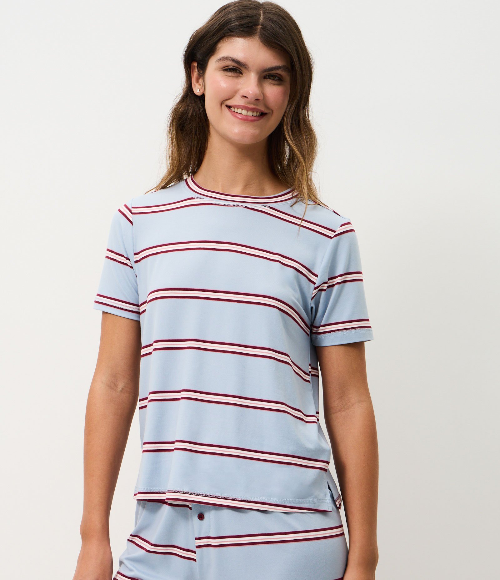 Blusa de Pijama em Peach Touch com Estampa de Listras Azul 1