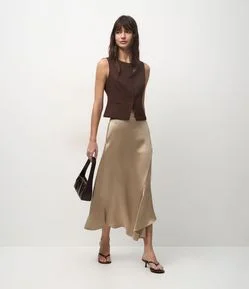 Saia Midi Acetinada com Barra Assimétrica