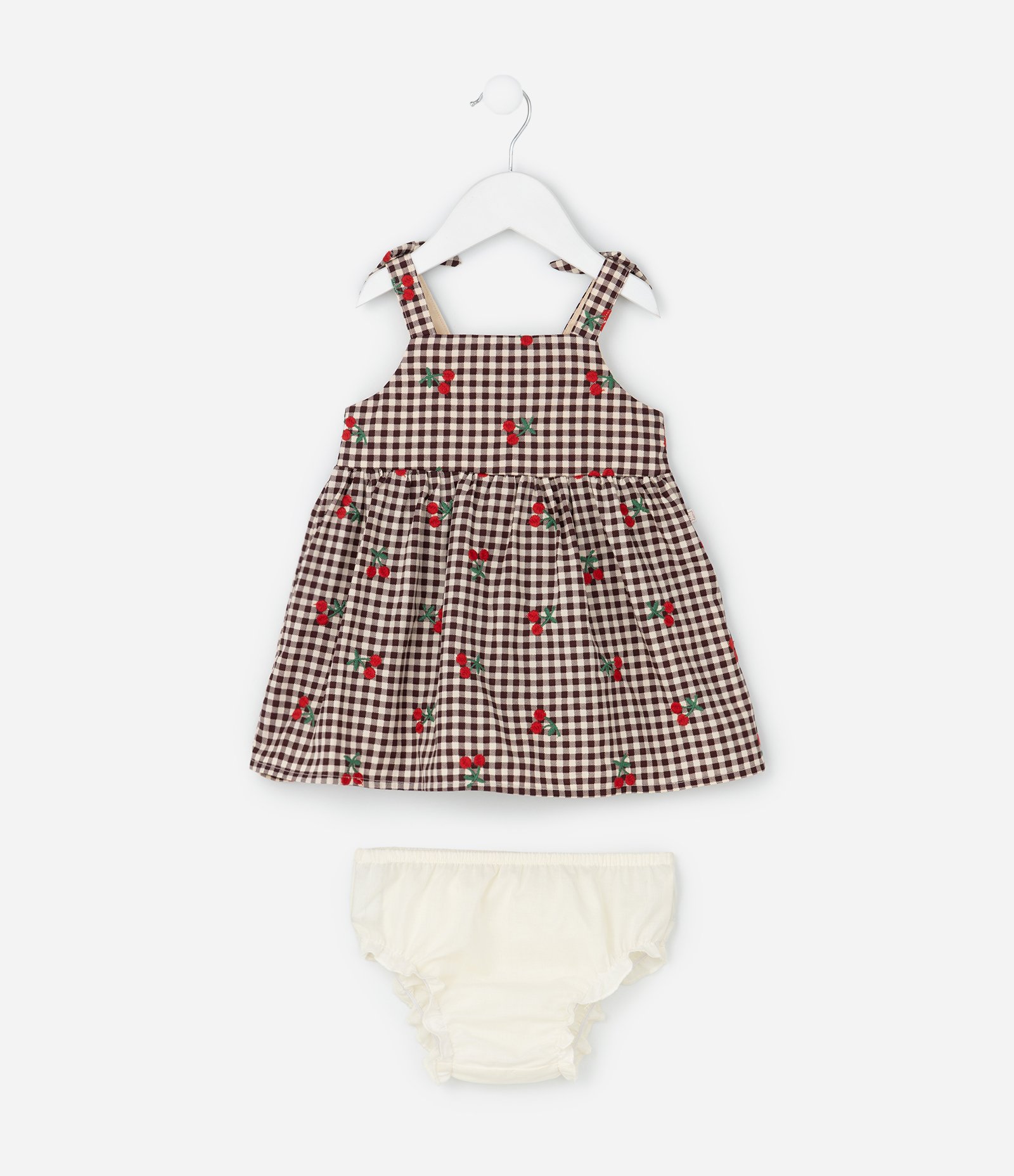 Vestido Infantil Xadrez em Tricoline com Bordados e Calcinha – Tam 0 a 18 Meses Marrom/Bege 1