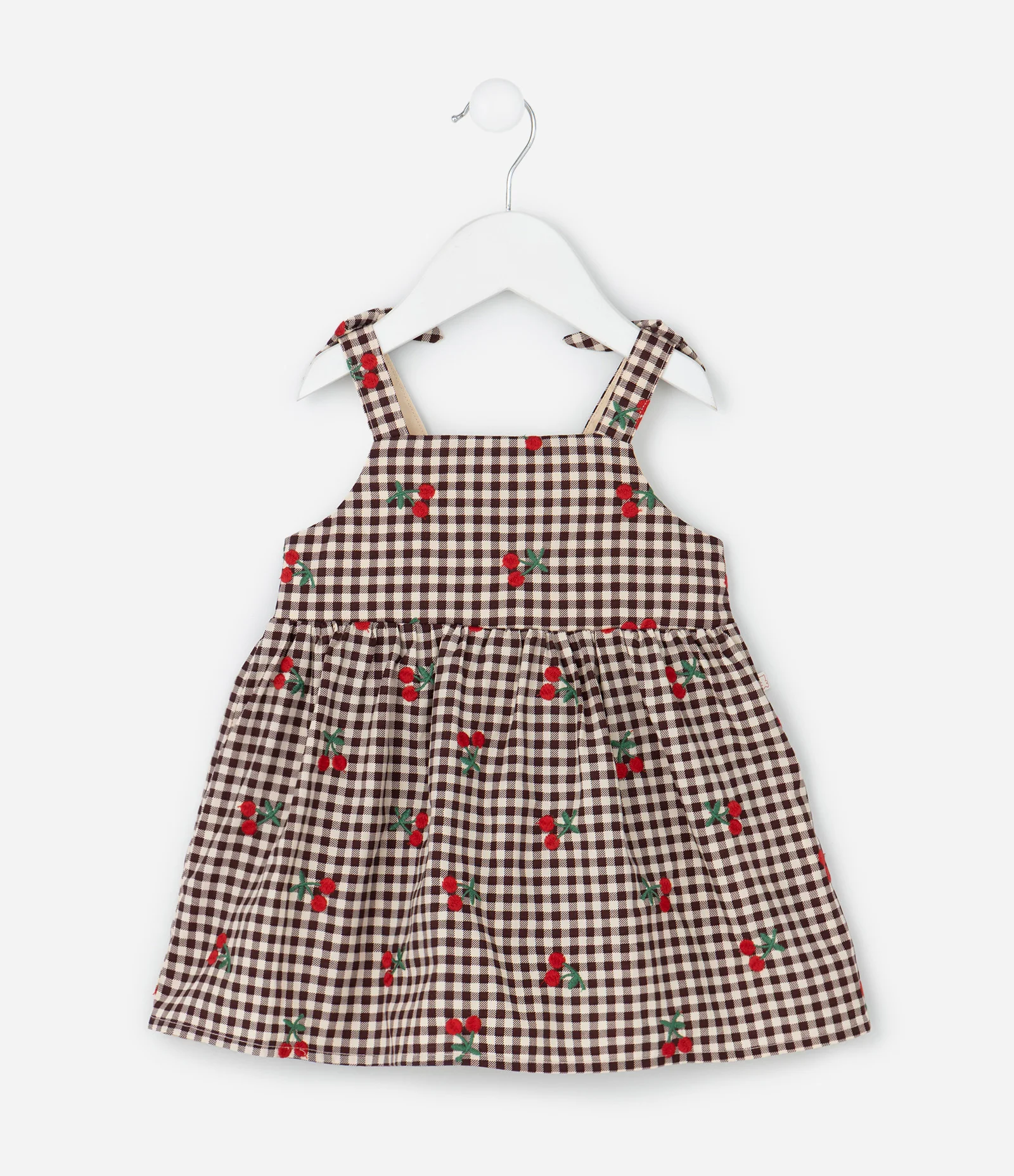 Vestido Infantil Xadrez em Tricoline com Bordados e Calcinha – Tam 0 a 18 Meses Marrom/Bege 2
