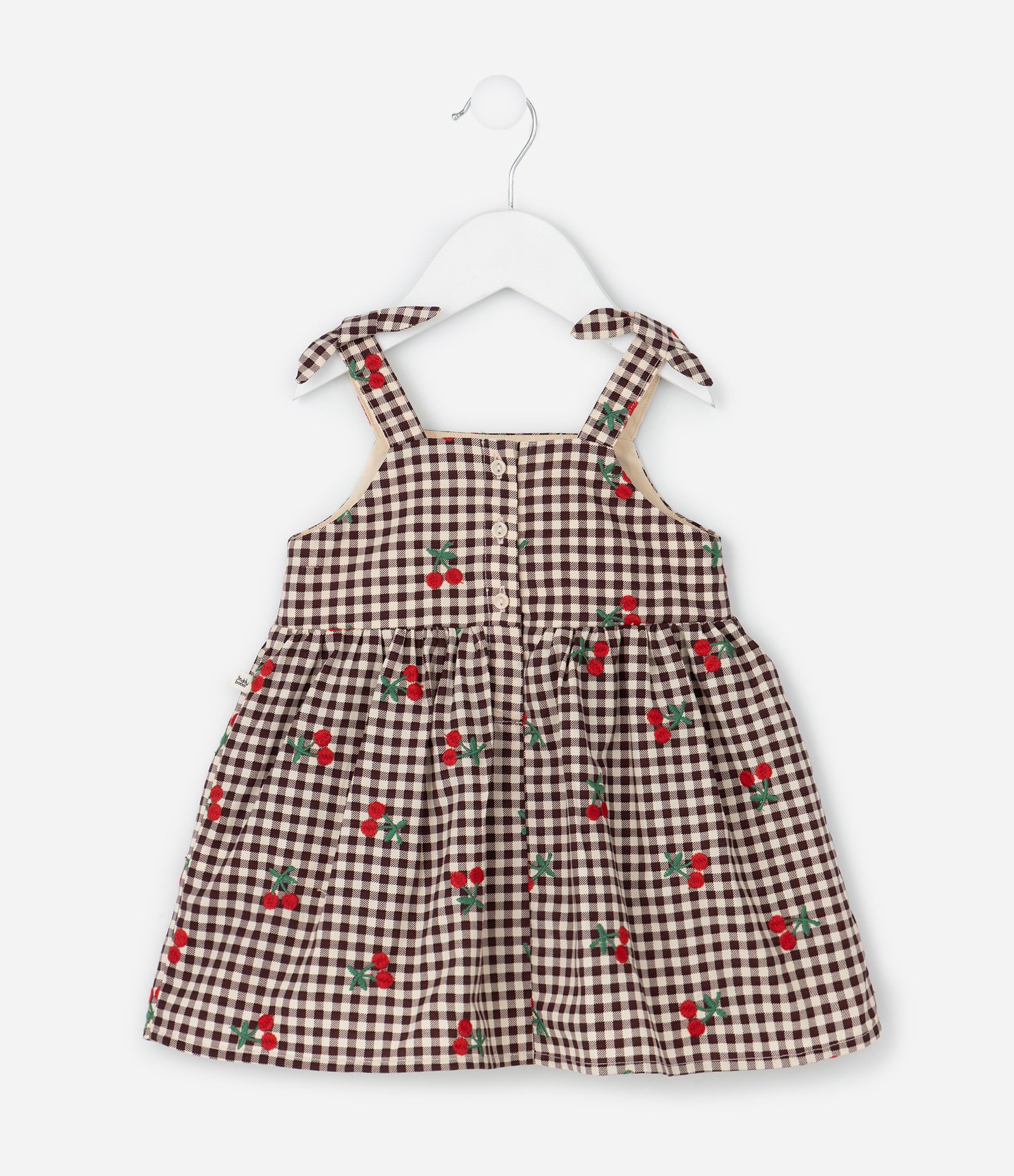 Vestido Infantil Xadrez em Tricoline com Bordados e Calcinha – Tam 0 a 18 Meses Marrom/Bege 3